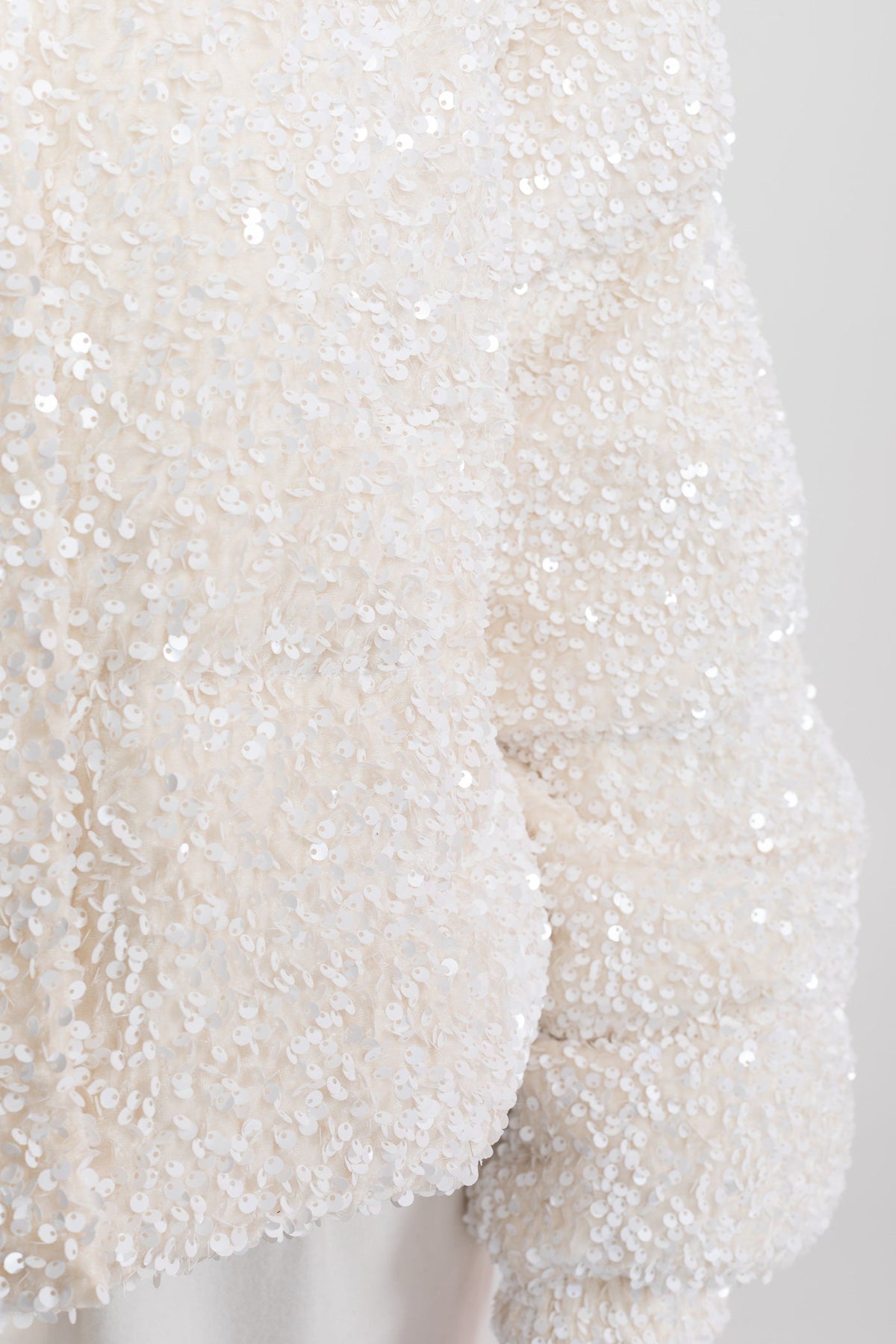 Sequin Puffer Jacket With High Stand Collar – White
