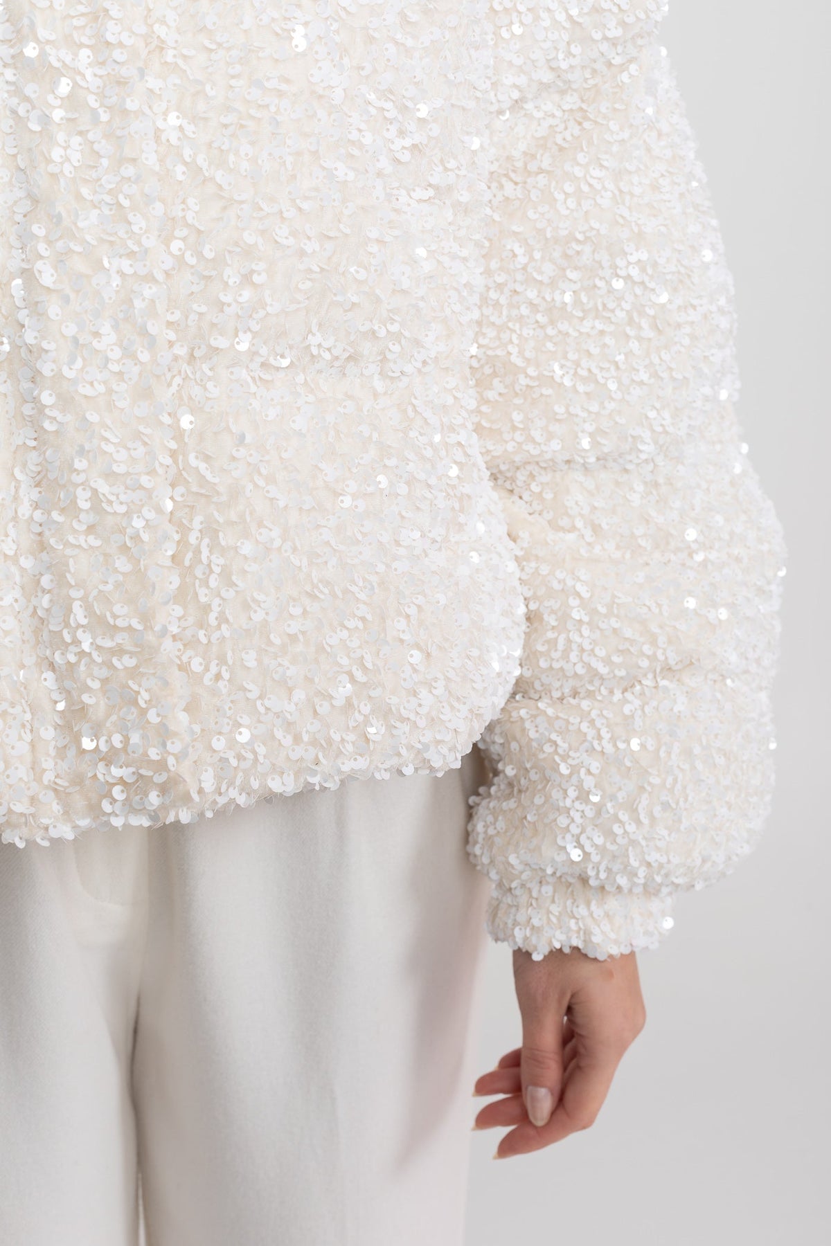 Sequin Puffer Jacket With High Stand Collar – White