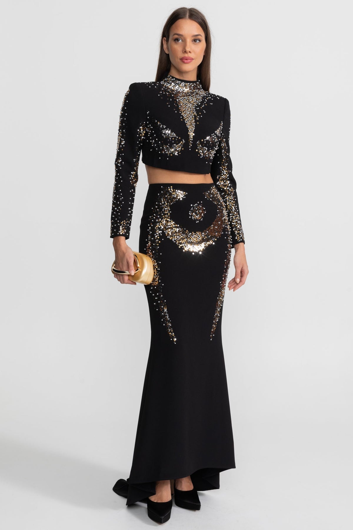 Embellished Co-Ord Set with Silver and Gold Sequin Detailing - Black