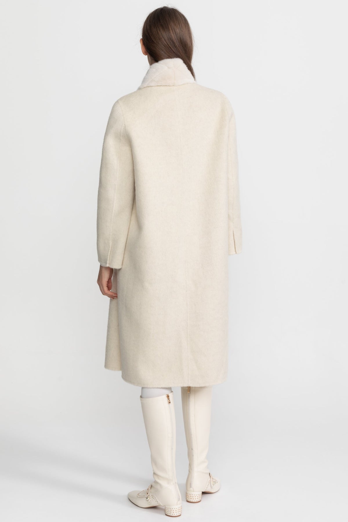 Wool Blend Belted Coat with Textured Sable Fur Panel – Ivoire