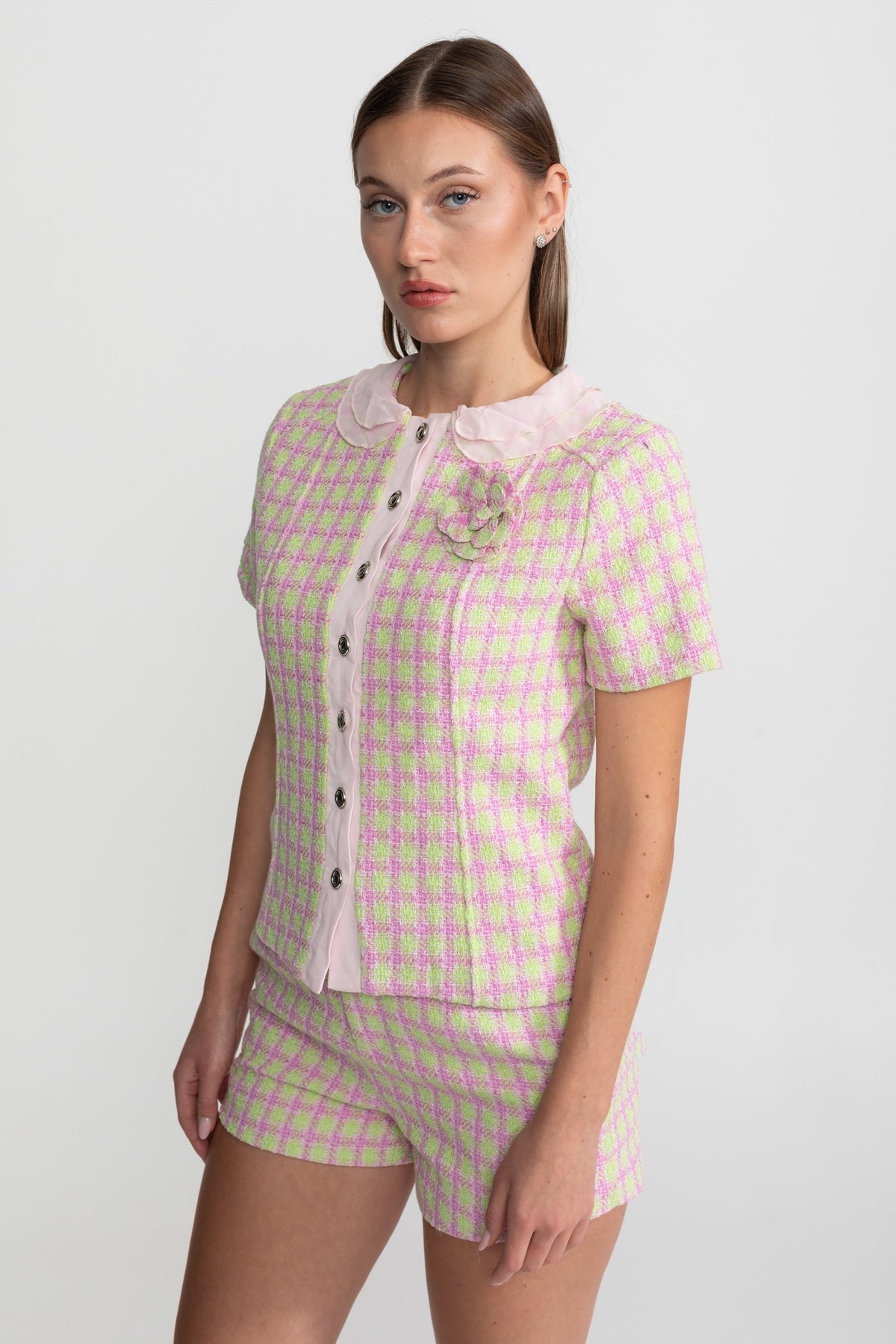Pastel Tweed Co-ord Set With Satin Collar – Pink & Green