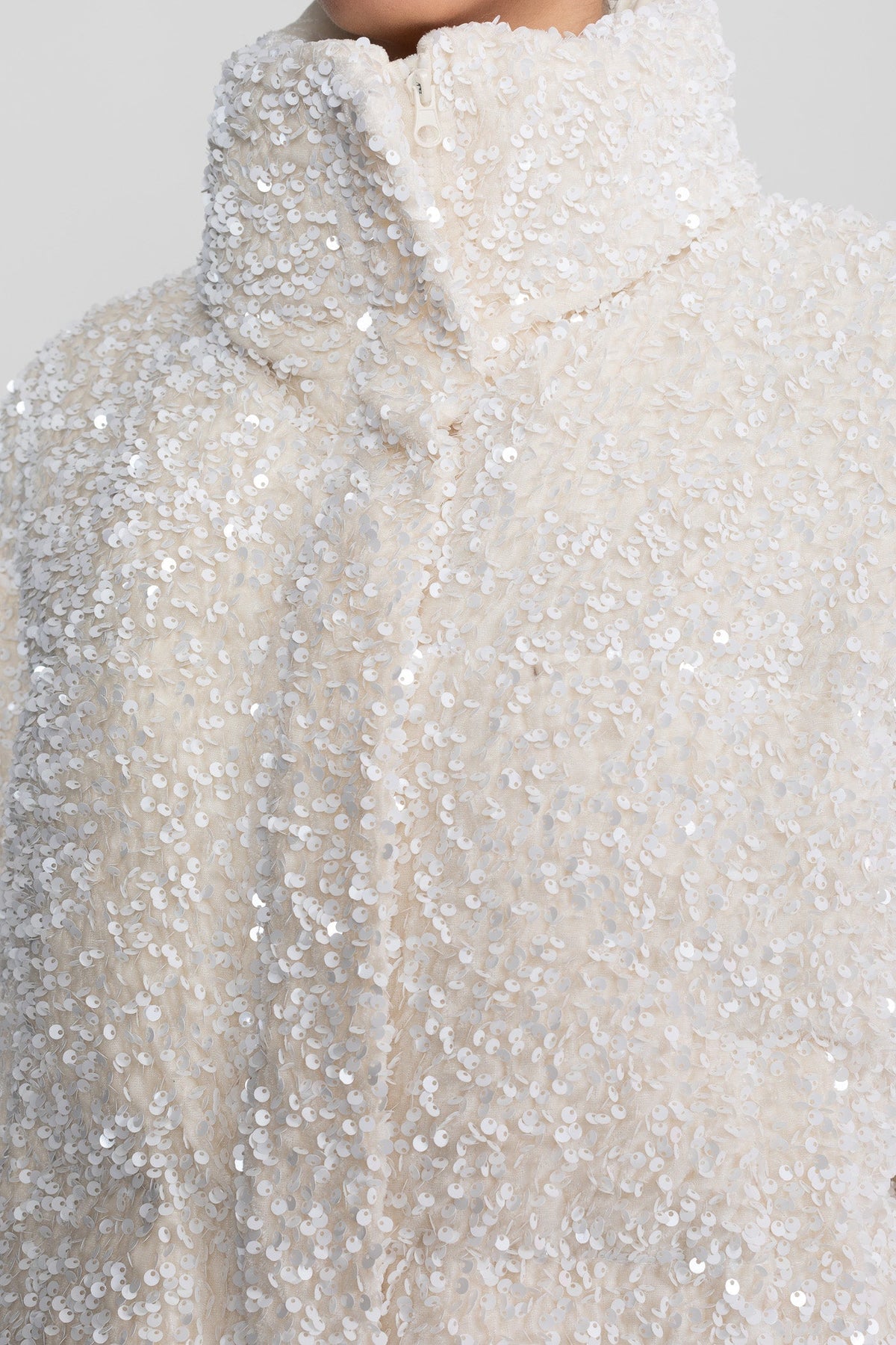 Sequin Puffer Jacket With High Stand Collar – White