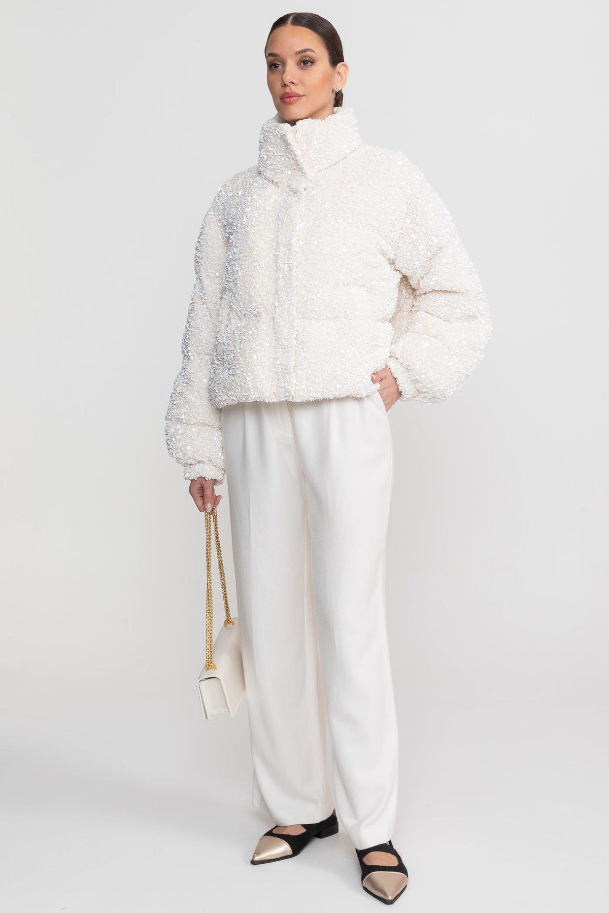 Sequin Puffer Jacket With High Stand Collar – White