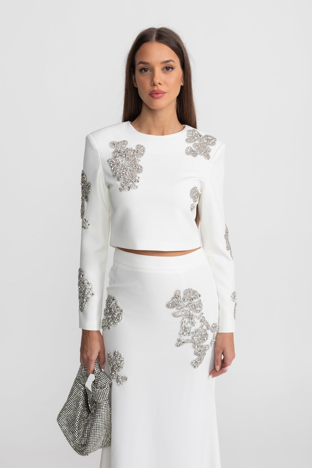 Embellished Co-Ord Set with Sparkling Crystal Embellishments - White