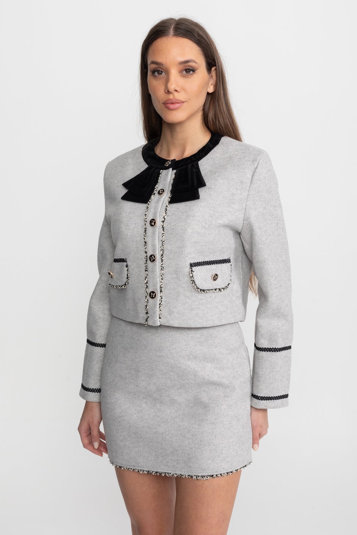 Co-Ord Set with Velvet Bow Collar Detail – Grey