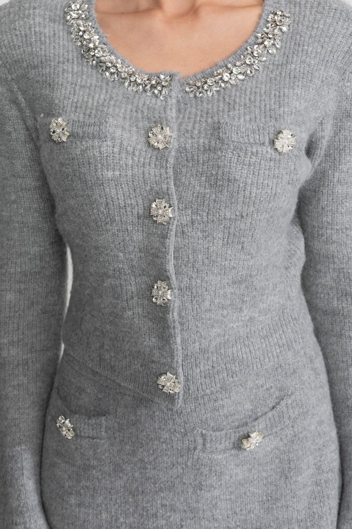 Blanche Grey Embellished Knit Co-Ord Set with Crystal Buttons
