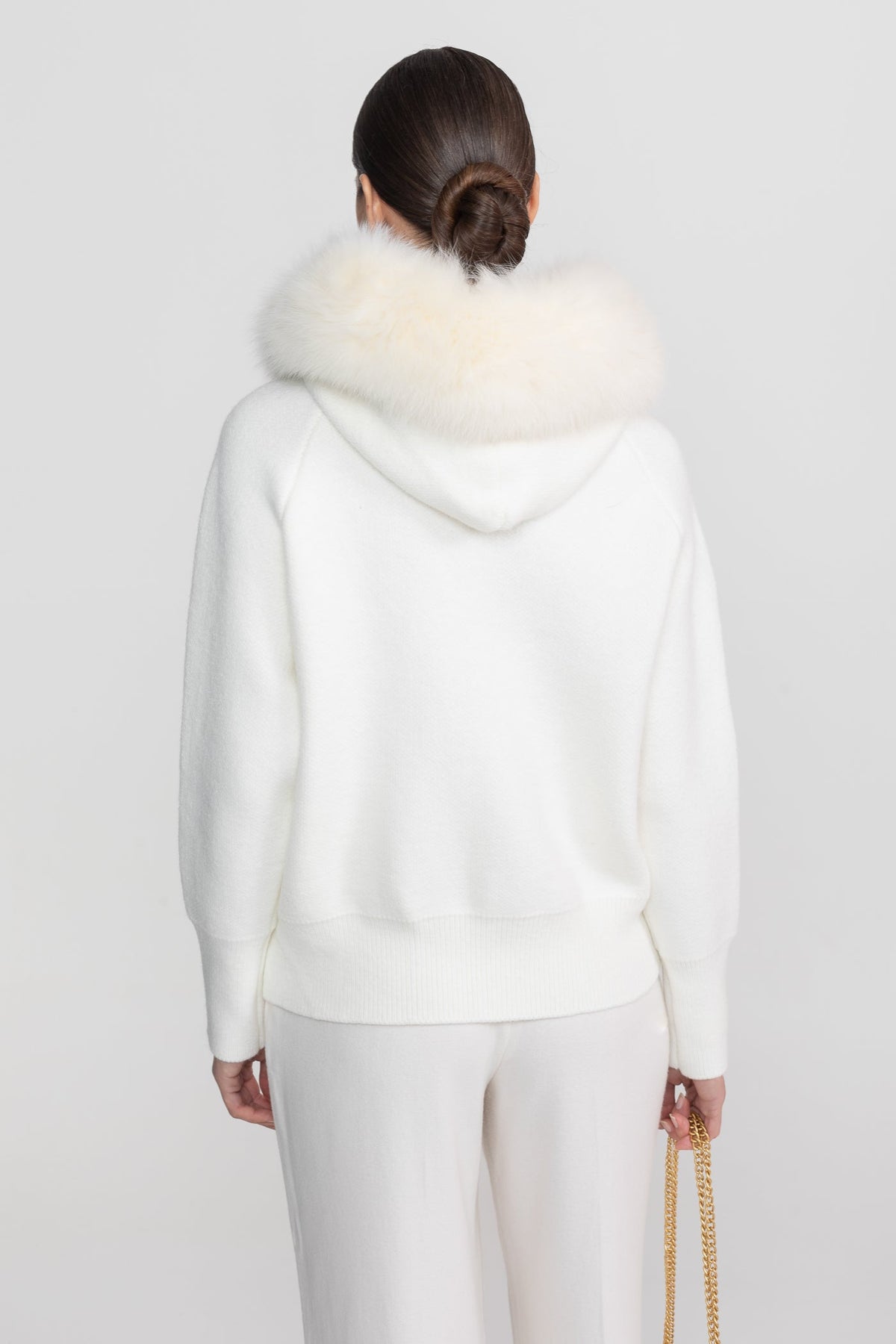 Valeriane Ivoire Zip-Up Wool Hoodie With Fox Fur Collar