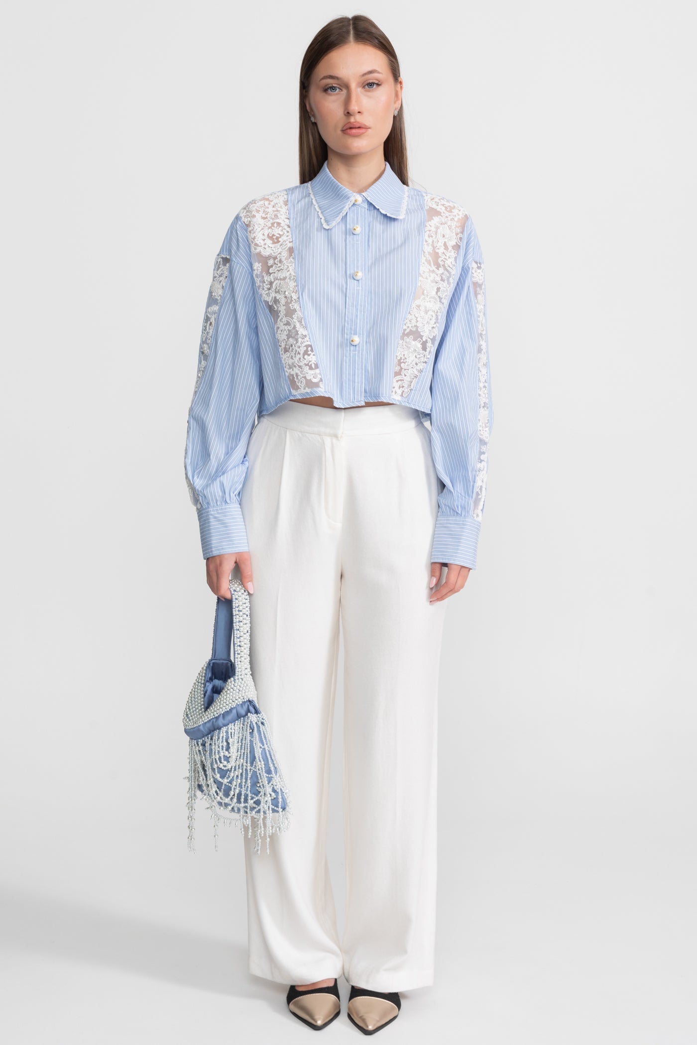 Striped Cotton and Lace Panel Shirt – Light Blue
