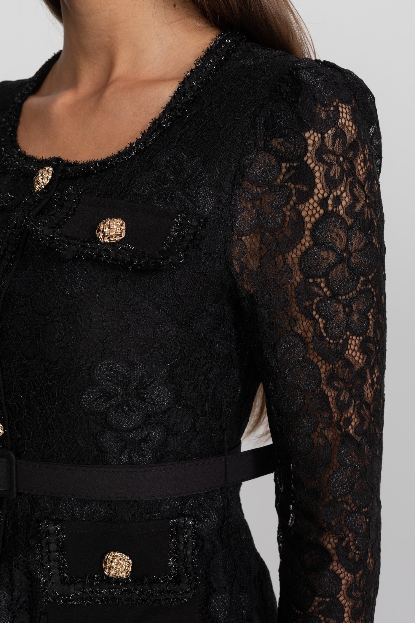 Lace and Pleated Midi Dress with Gold Button Detailing - Black
