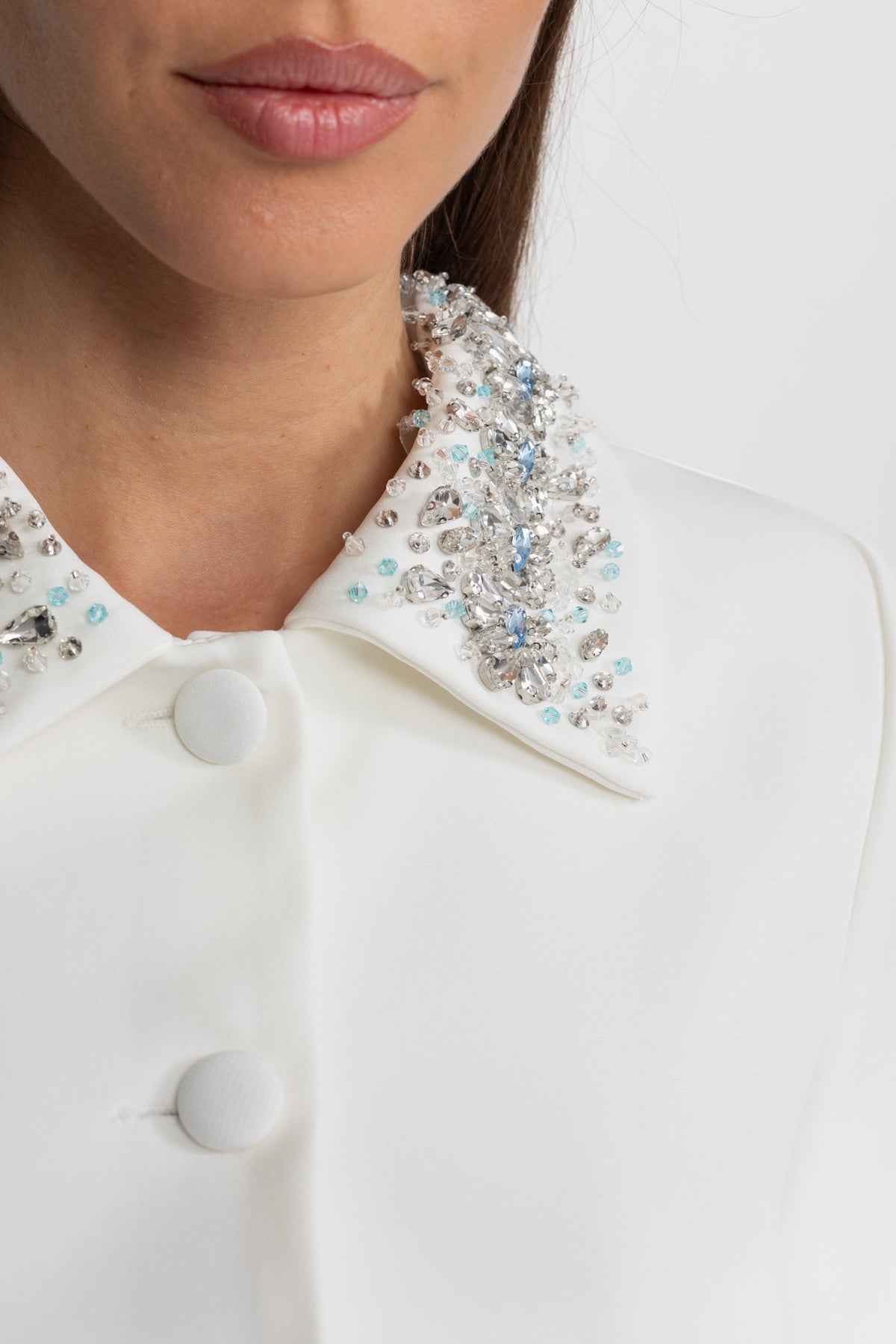 Embellished Cropped Jacket with Crystal Collar – White