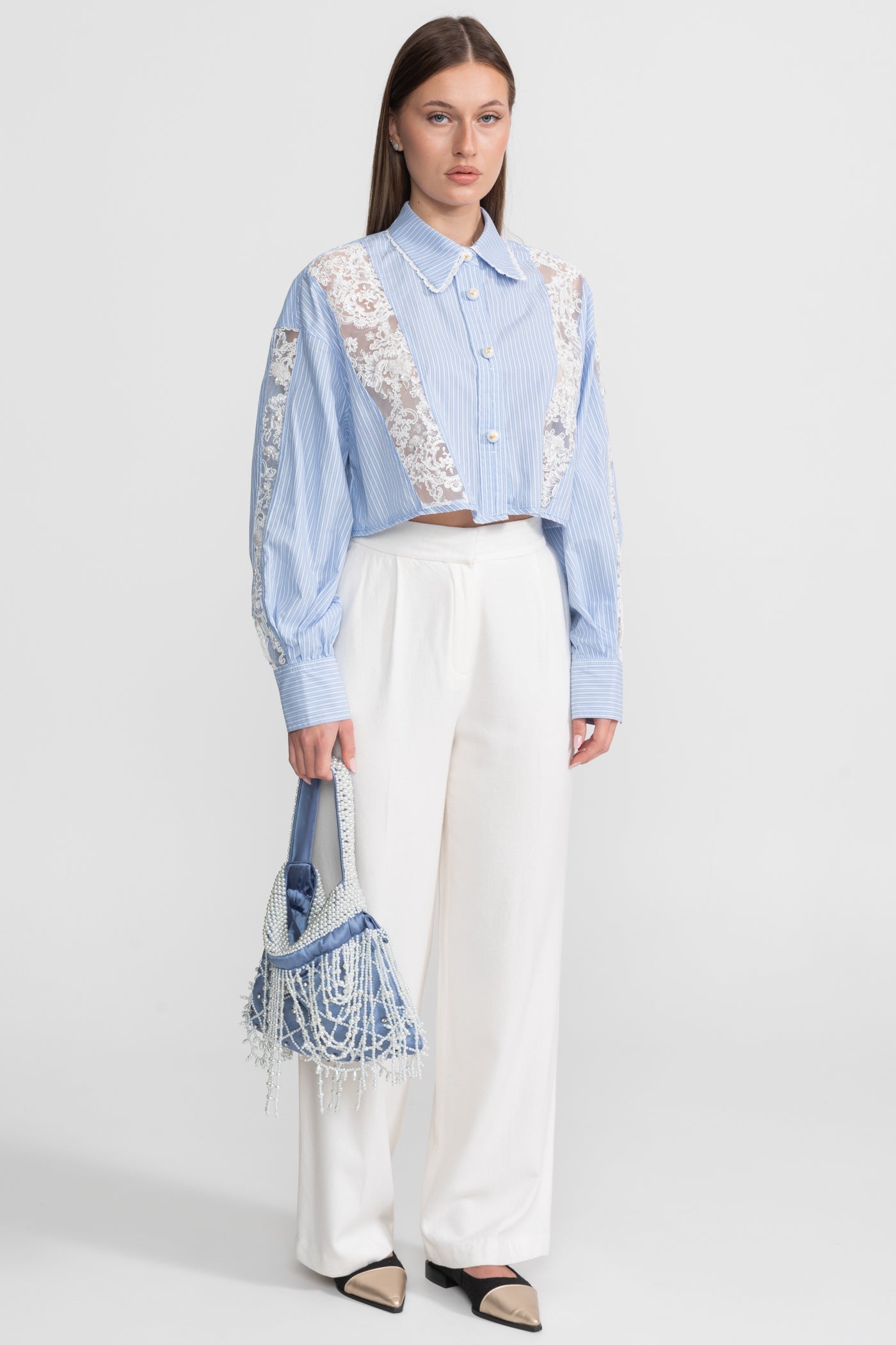 Striped Cotton and Lace Panel Shirt – Light Blue