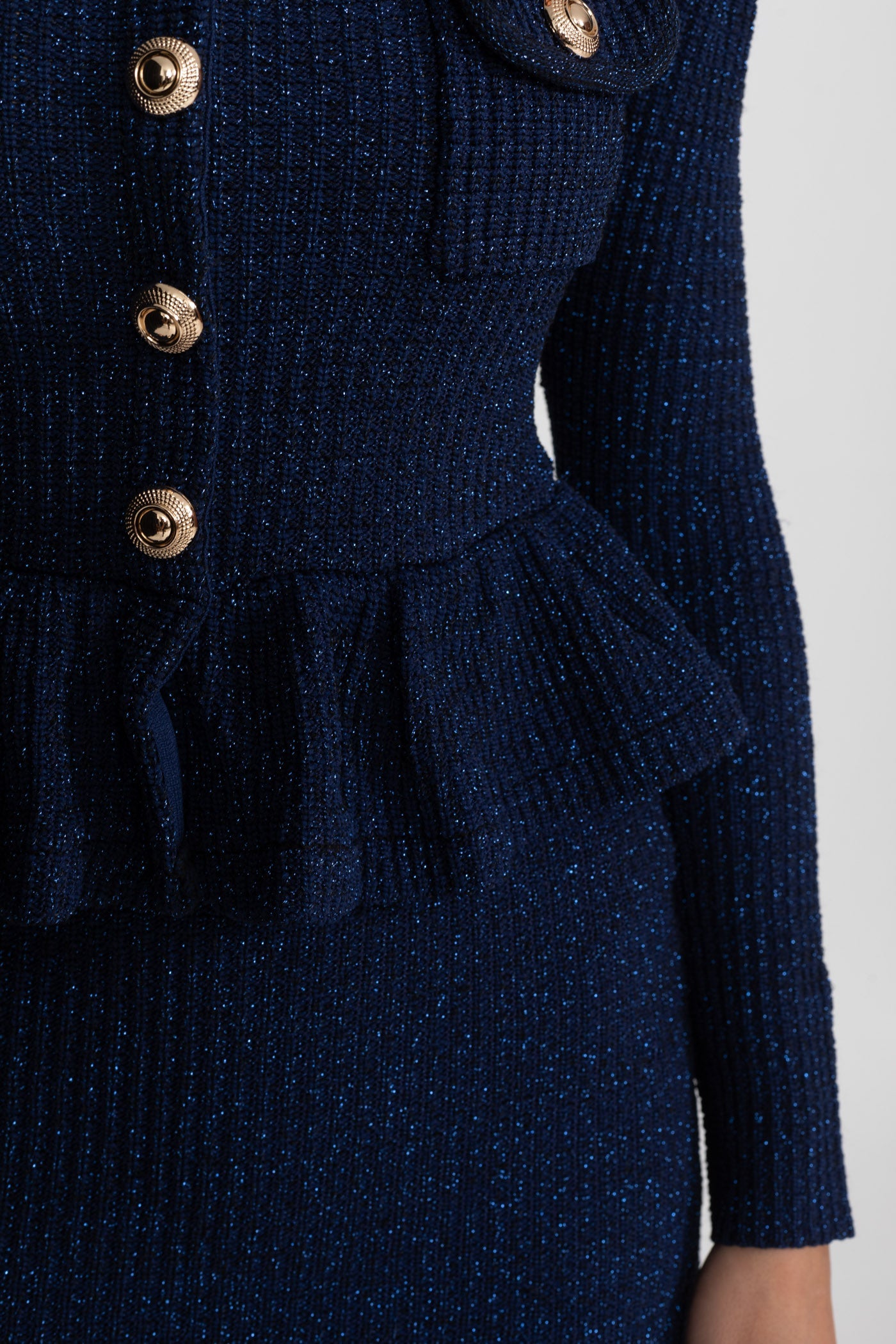 Ginevra Dark Blue Textured Knit Dress with Peplum Waist and Gold Buttons