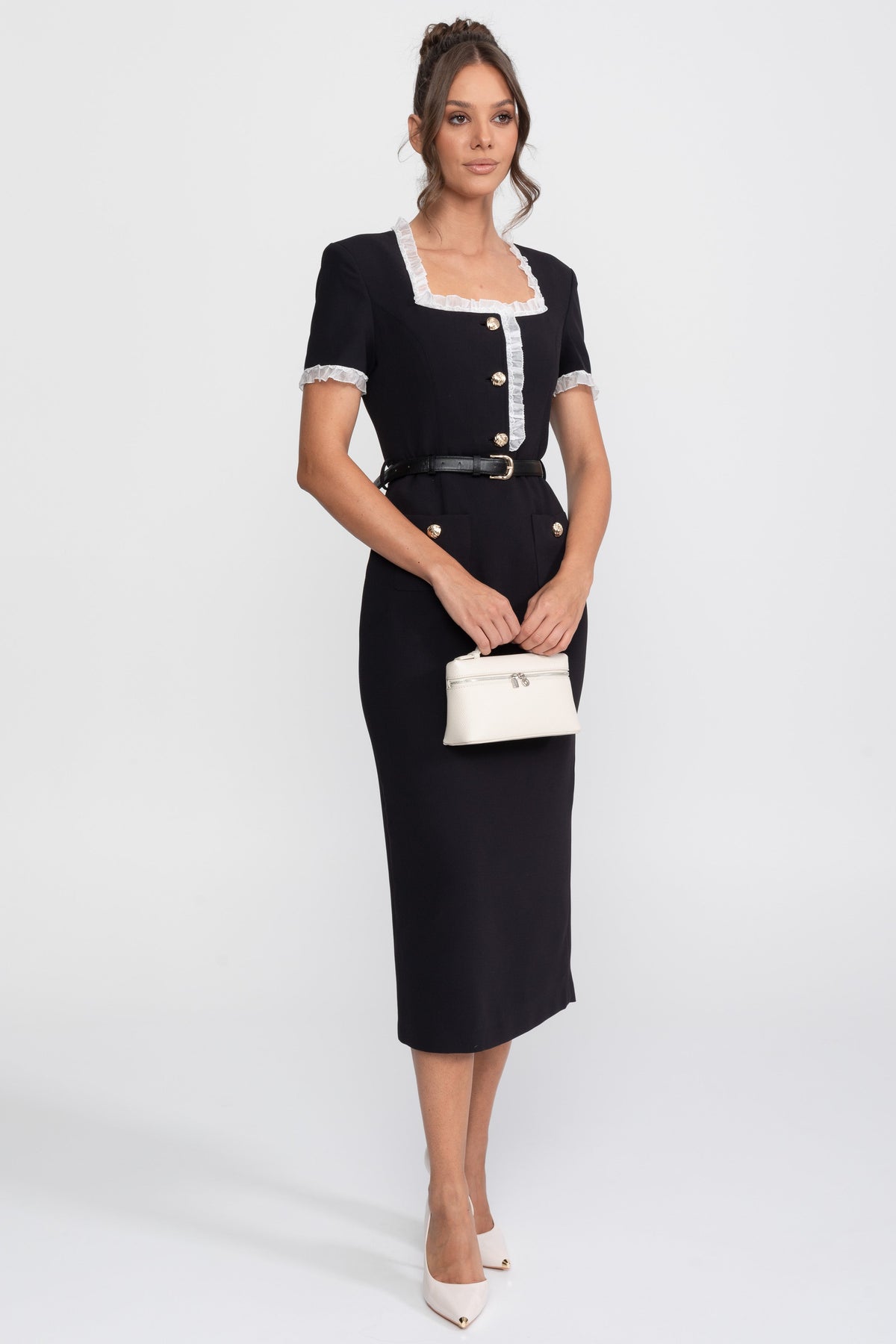 Square Neck Belted Midi Dress With White Ruffle Trim - Black