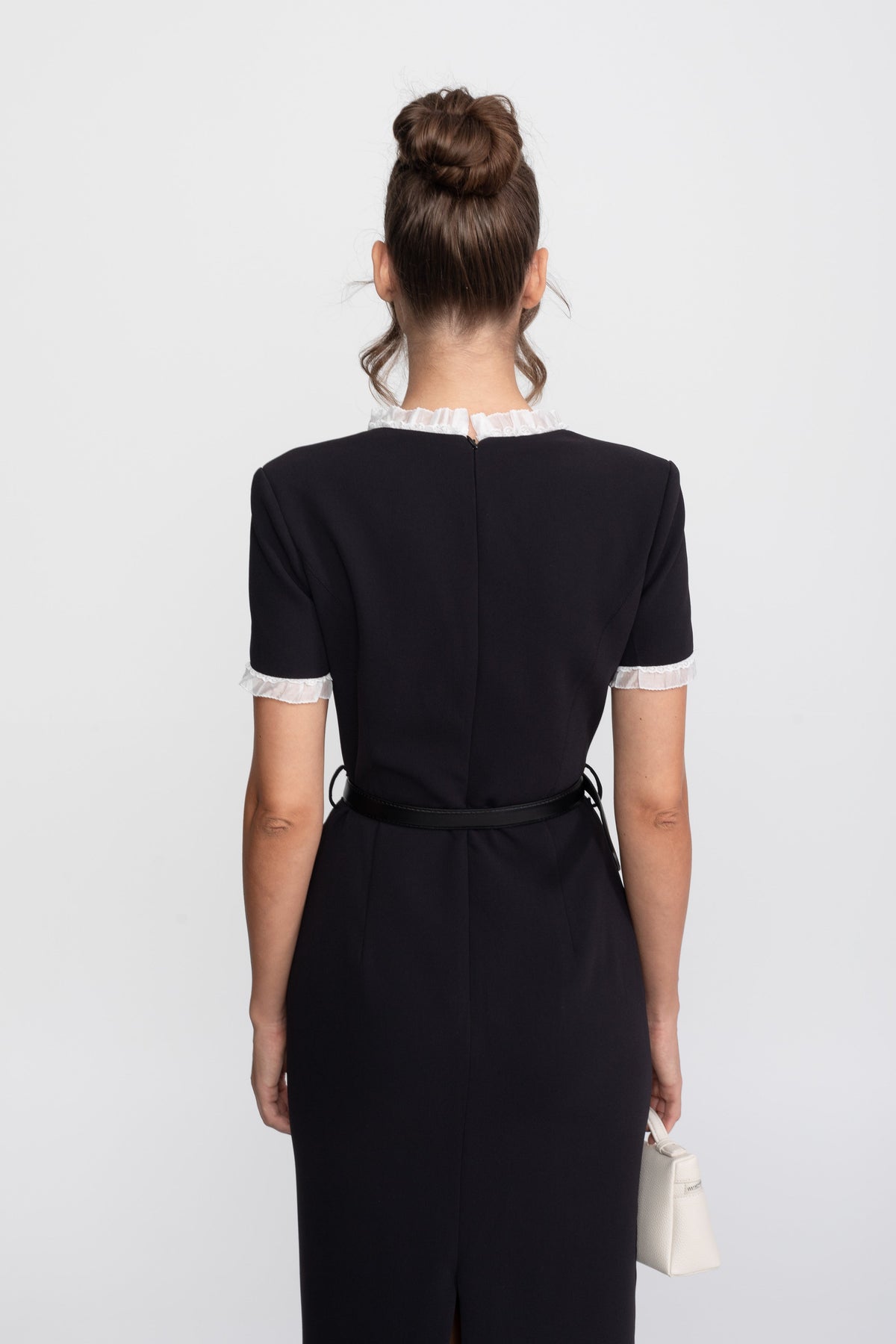 Square Neck Belted Midi Dress With White Ruffle Trim - Black