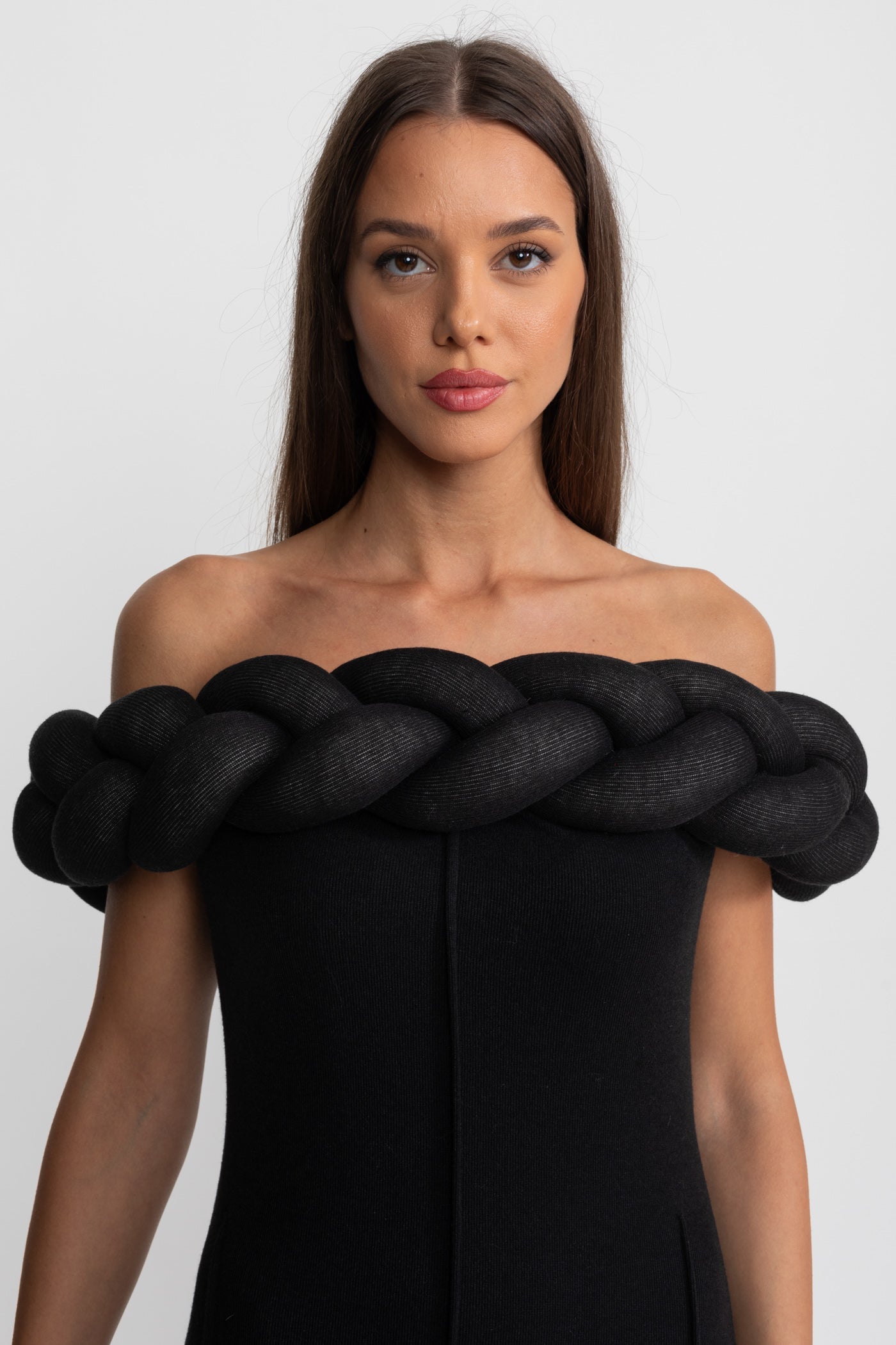 Off-Shoulder Braided Neckline Maxi Dress – Black