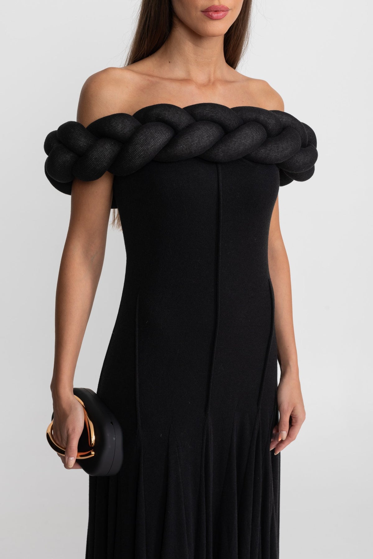 Off-Shoulder Braided Neckline Maxi Dress – Black