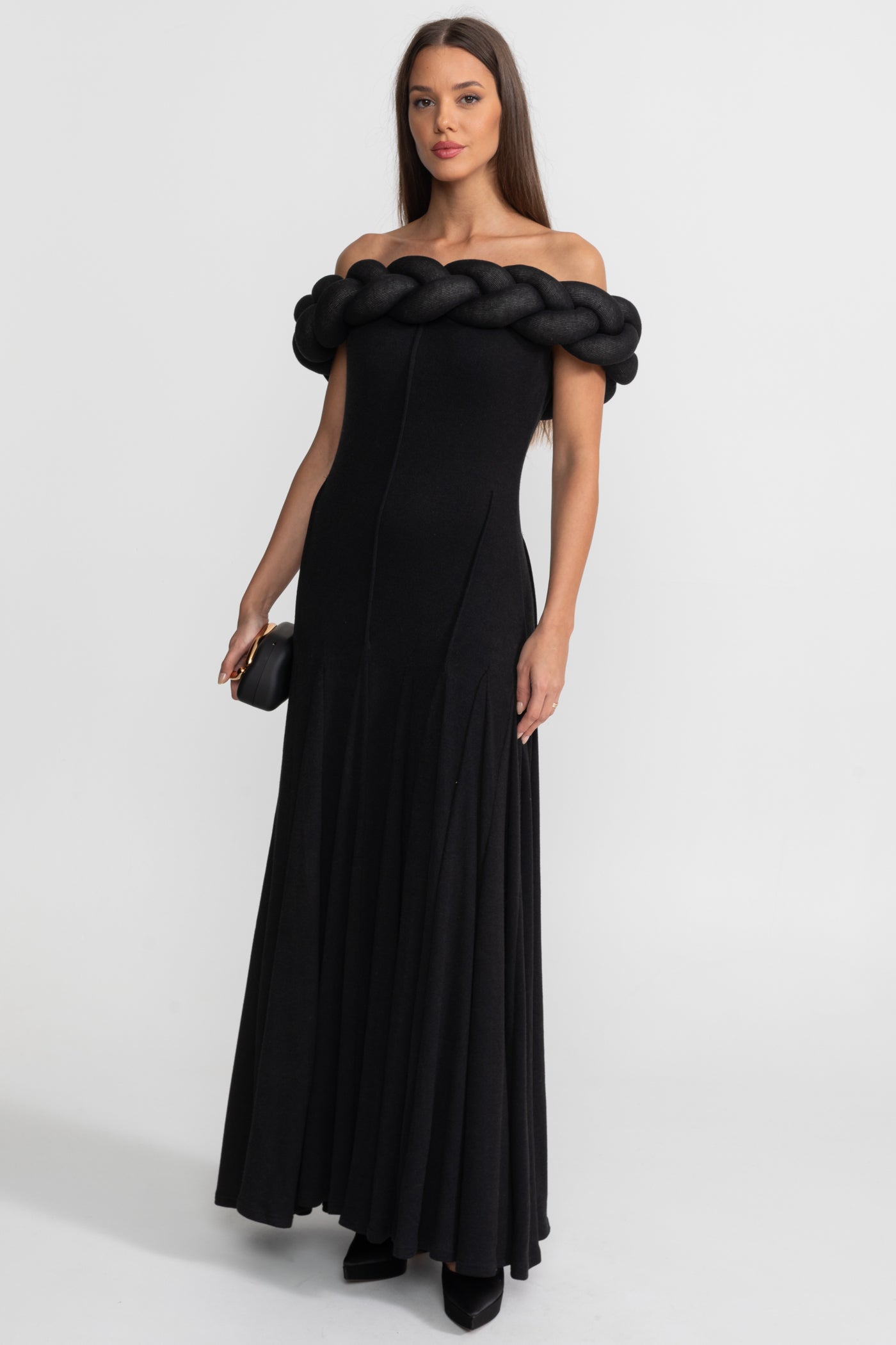 Off-Shoulder Braided Neckline Maxi Dress – Black