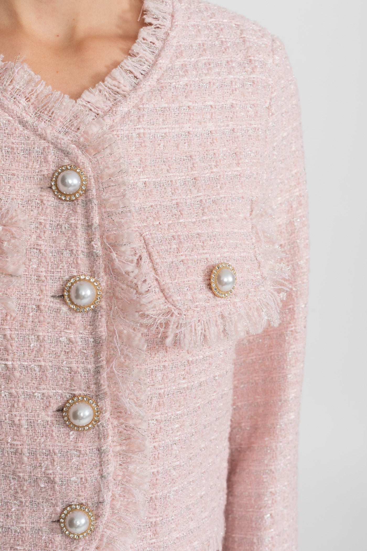 Tweed Co-ord Set With Pearl Button Detailing – Blush Pink
