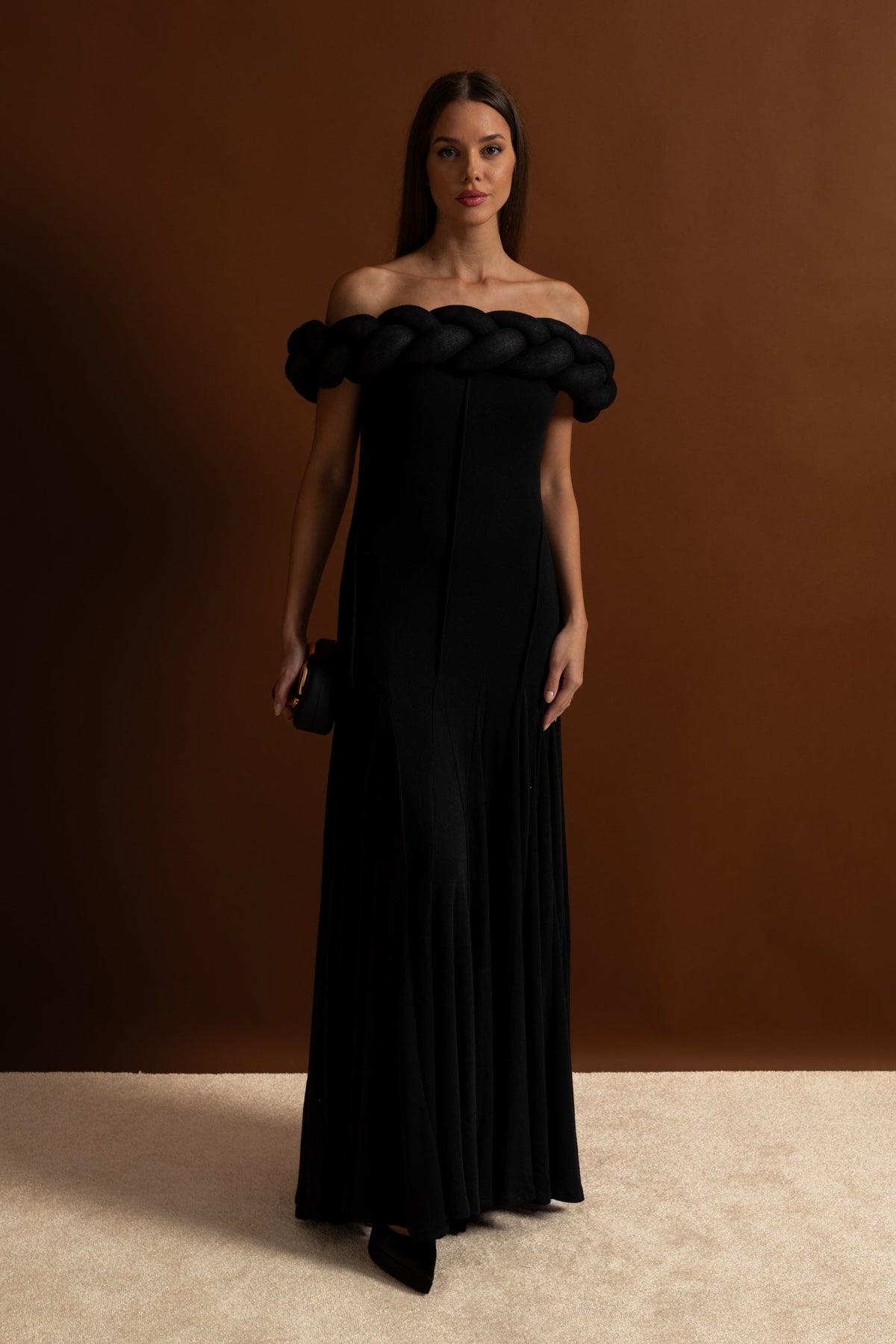 Off-Shoulder Braided Neckline Maxi Dress – Black