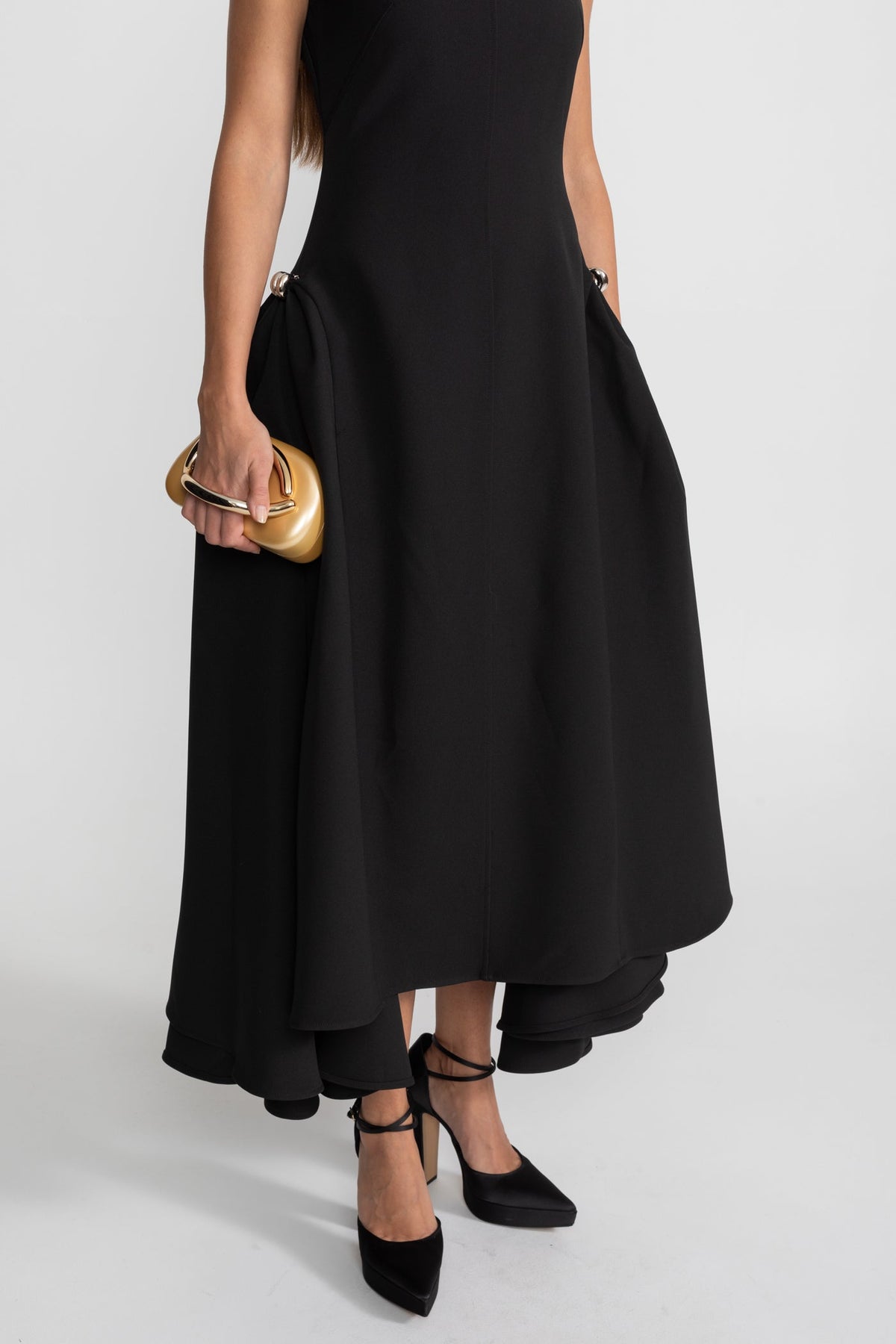 Structured Midi Dress with High-Low Hem and Metal Ring Details - Black