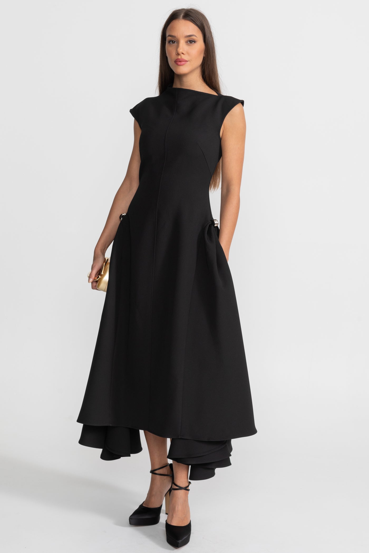 Structured Midi Dress with High-Low Hem and Metal Ring Details - Black