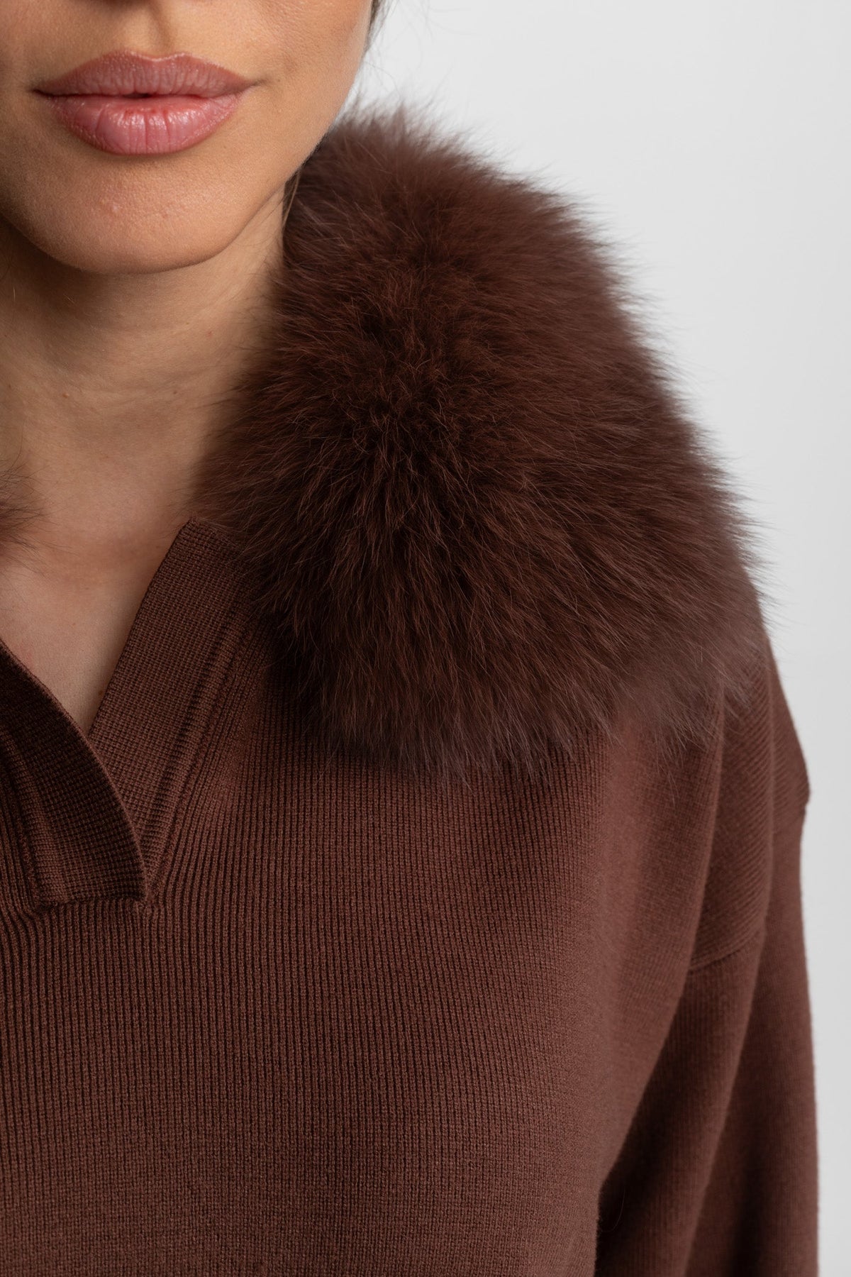 Elodie Brown Knit Lounge Co-Ord Set with Fox Fur Collar