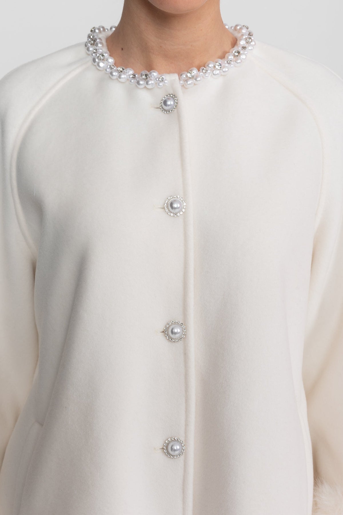 Longline Coat With Pearl Embellished Neckline And Fur Cuffs - White