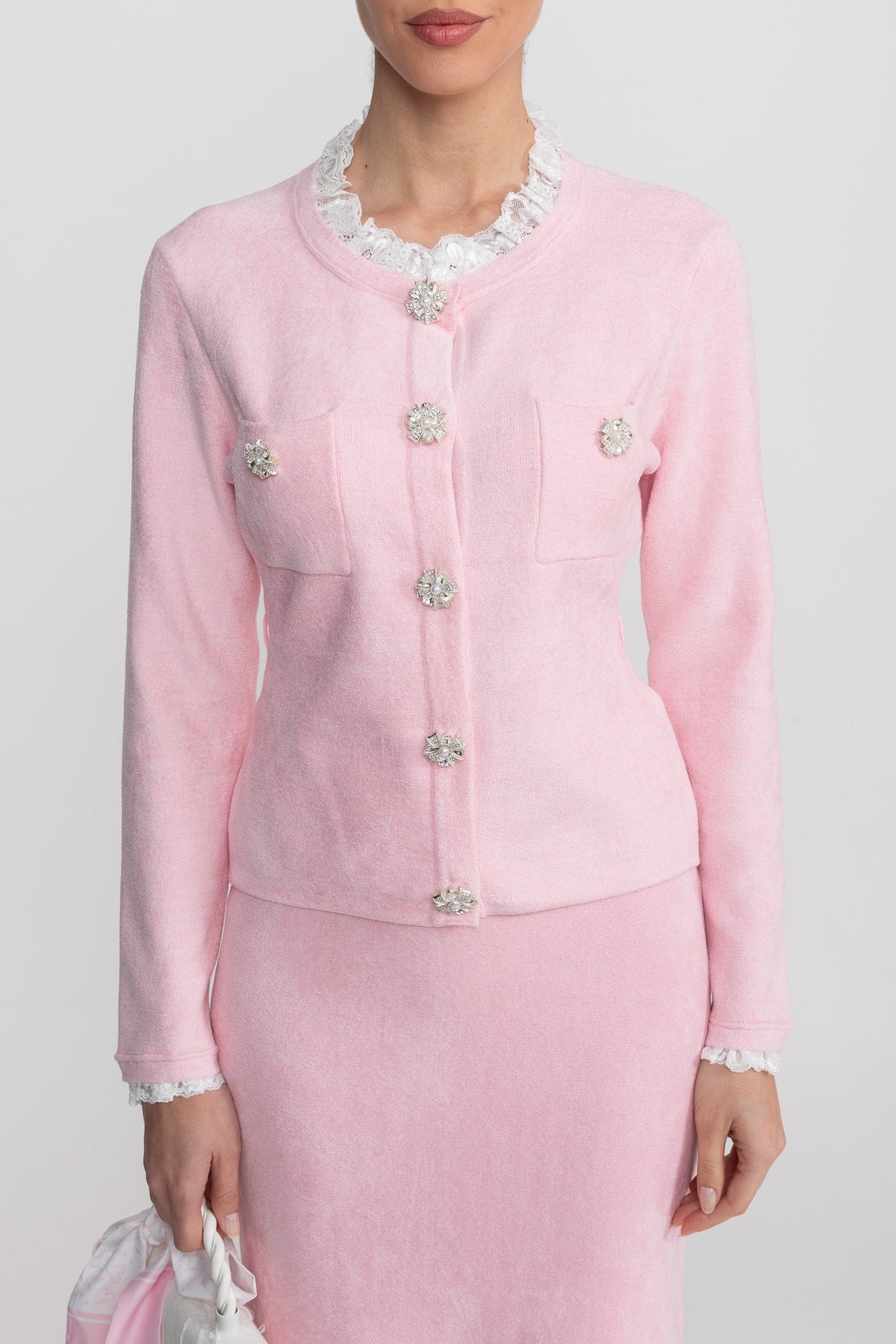 Fleur Blush Pink Long Sleeve Co-Ord With Fitted Knit Bodice And Crystal Button Detail