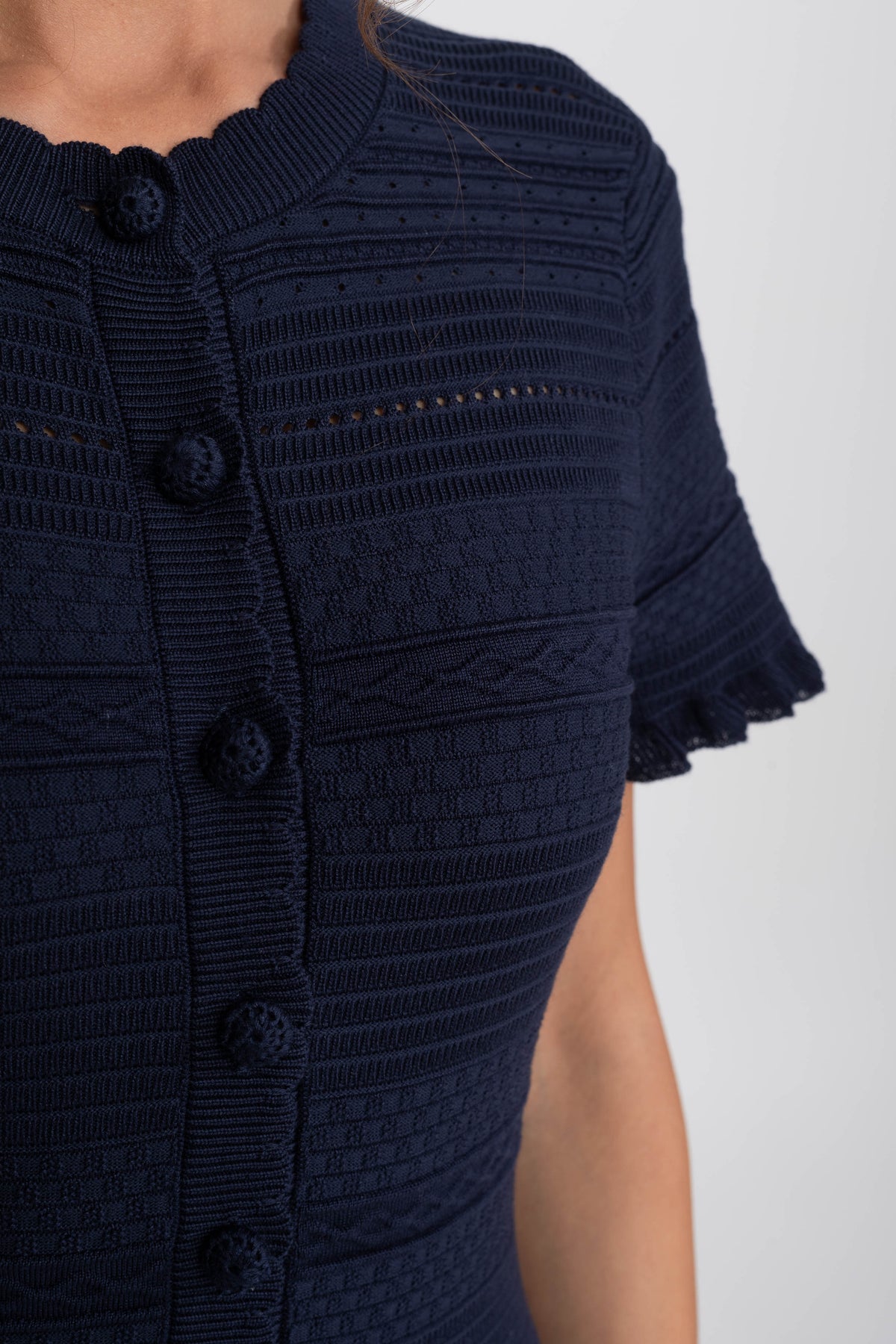 Oleandra Navy Ruffle Hem Knit Midi Dress With Button Front