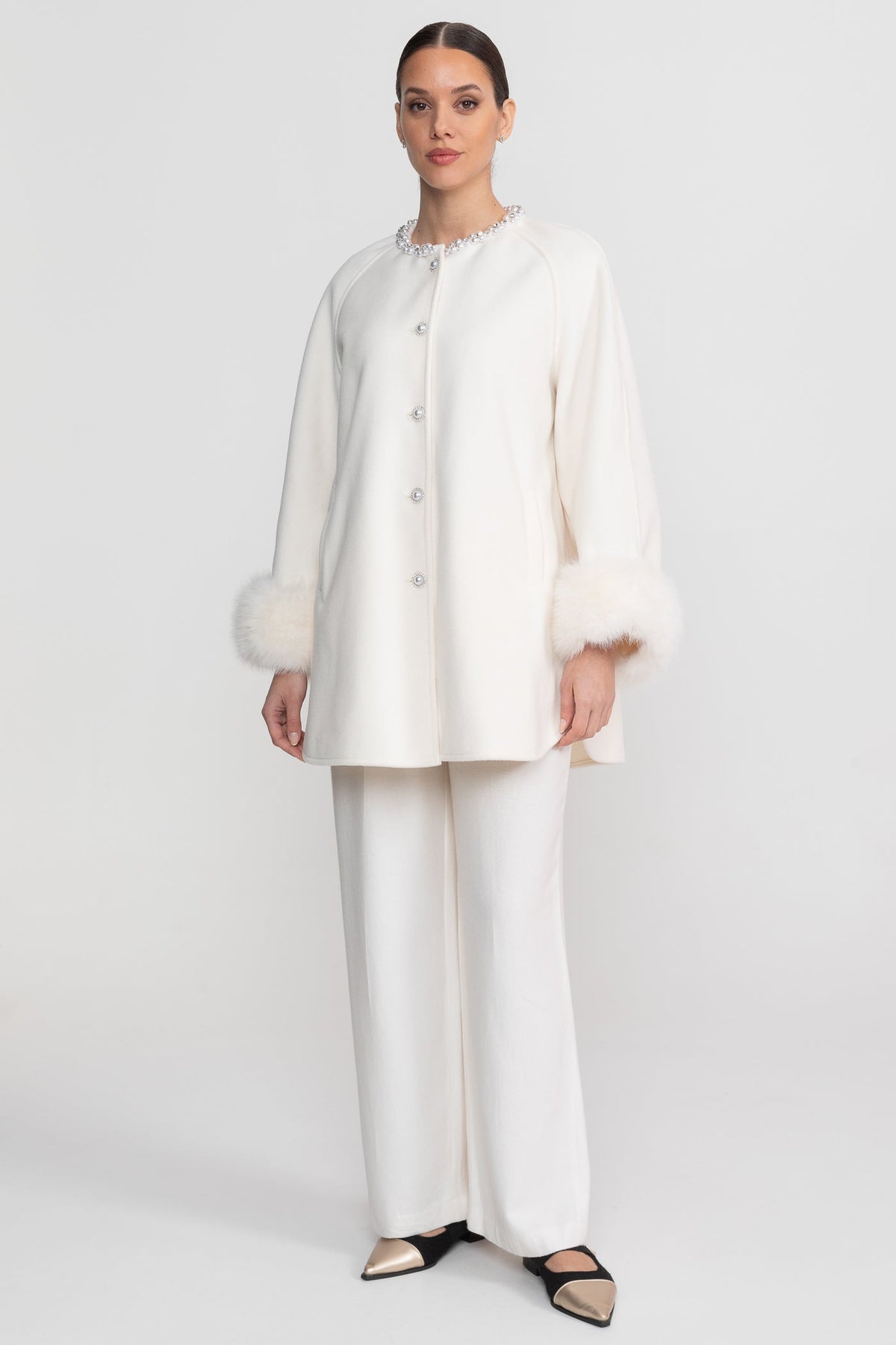 Longline Coat With Pearl Embellished Neckline And Fur Cuffs - White