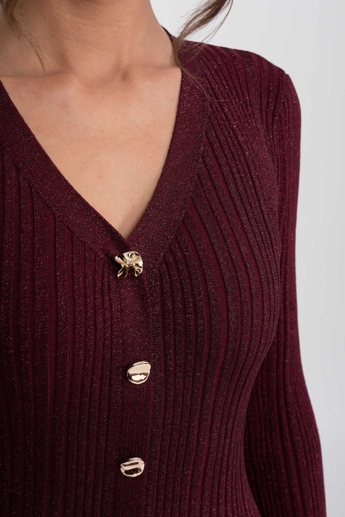 Sixtine Burgundy V-Neck Button-Front Ribbed Knit Maxi Dress With Ruffle Cuffs