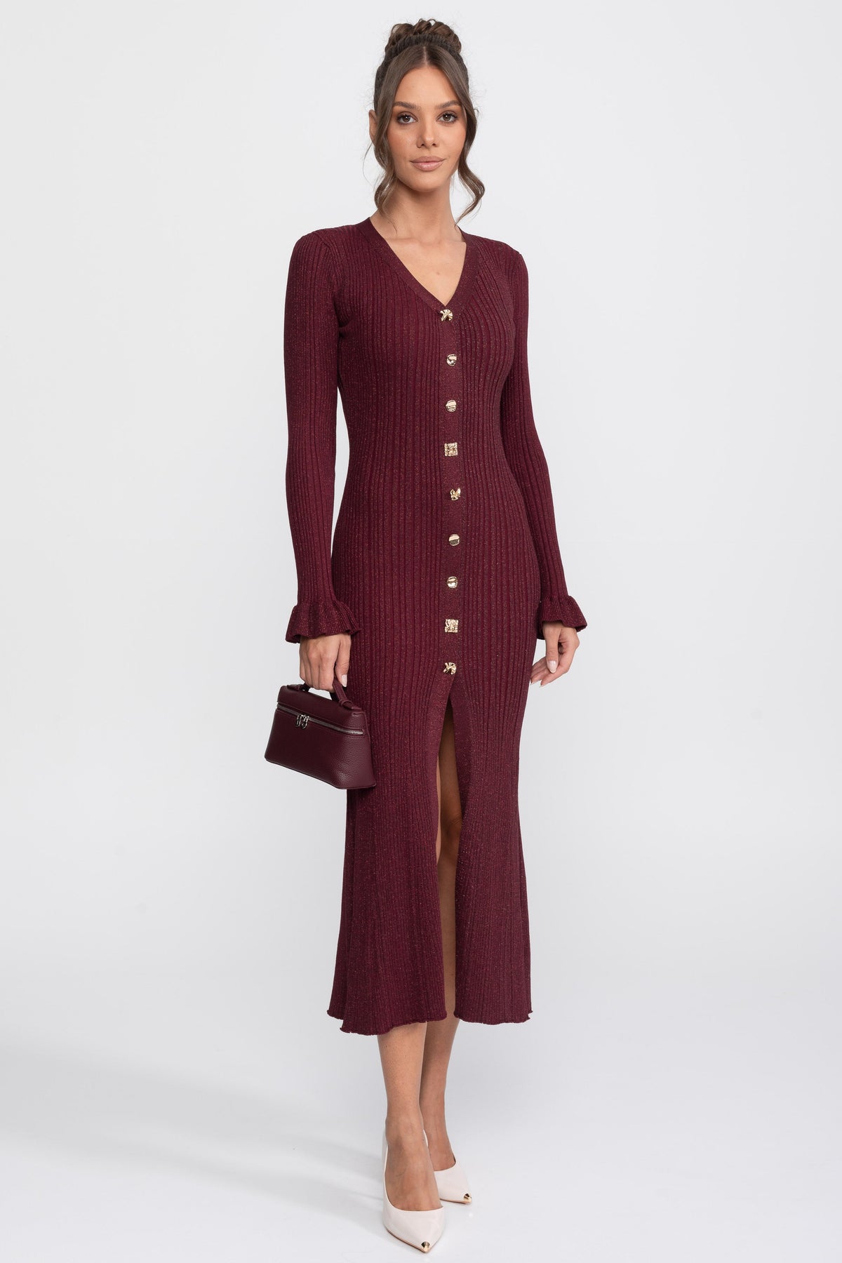 Sixtine Burgundy V-Neck Button-Front Ribbed Knit Maxi Dress With Ruffle Cuffs