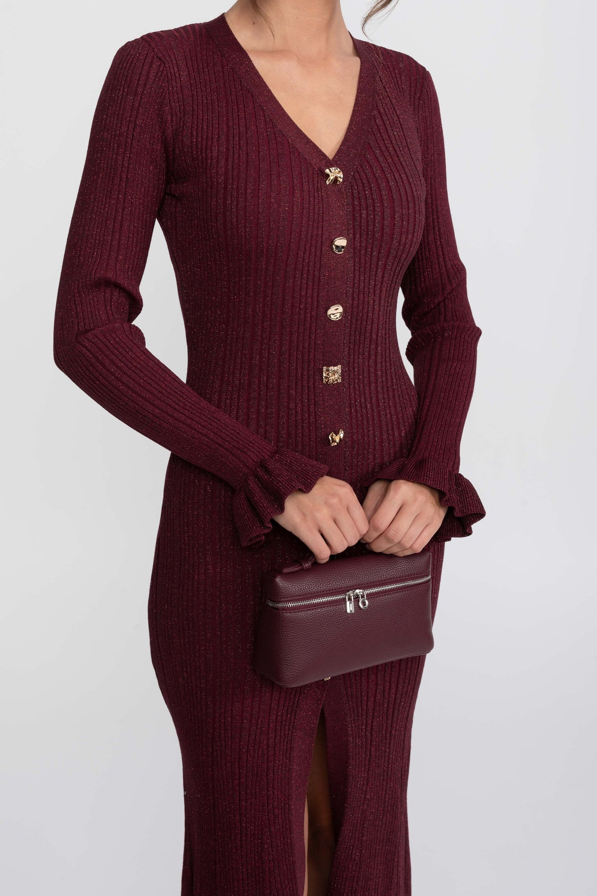 Sixtine Burgundy V-Neck Button-Front Ribbed Knit Maxi Dress With Ruffle Cuffs