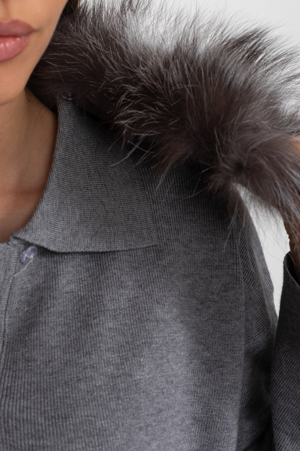 Elodie Grey Knit Lounge Co-Ord Set with Fox Fur Collar