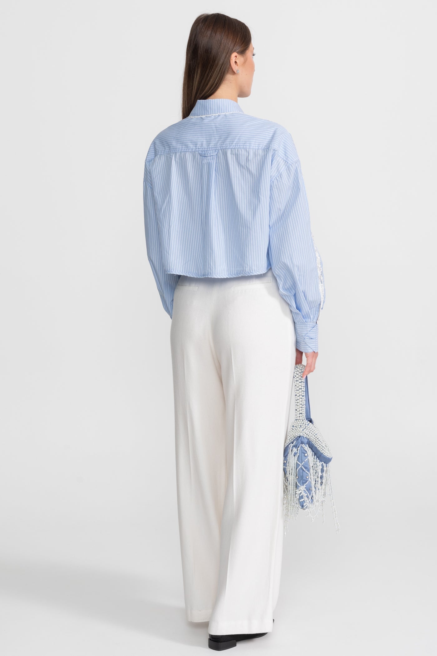 Striped Cotton and Lace Panel Shirt – Light Blue