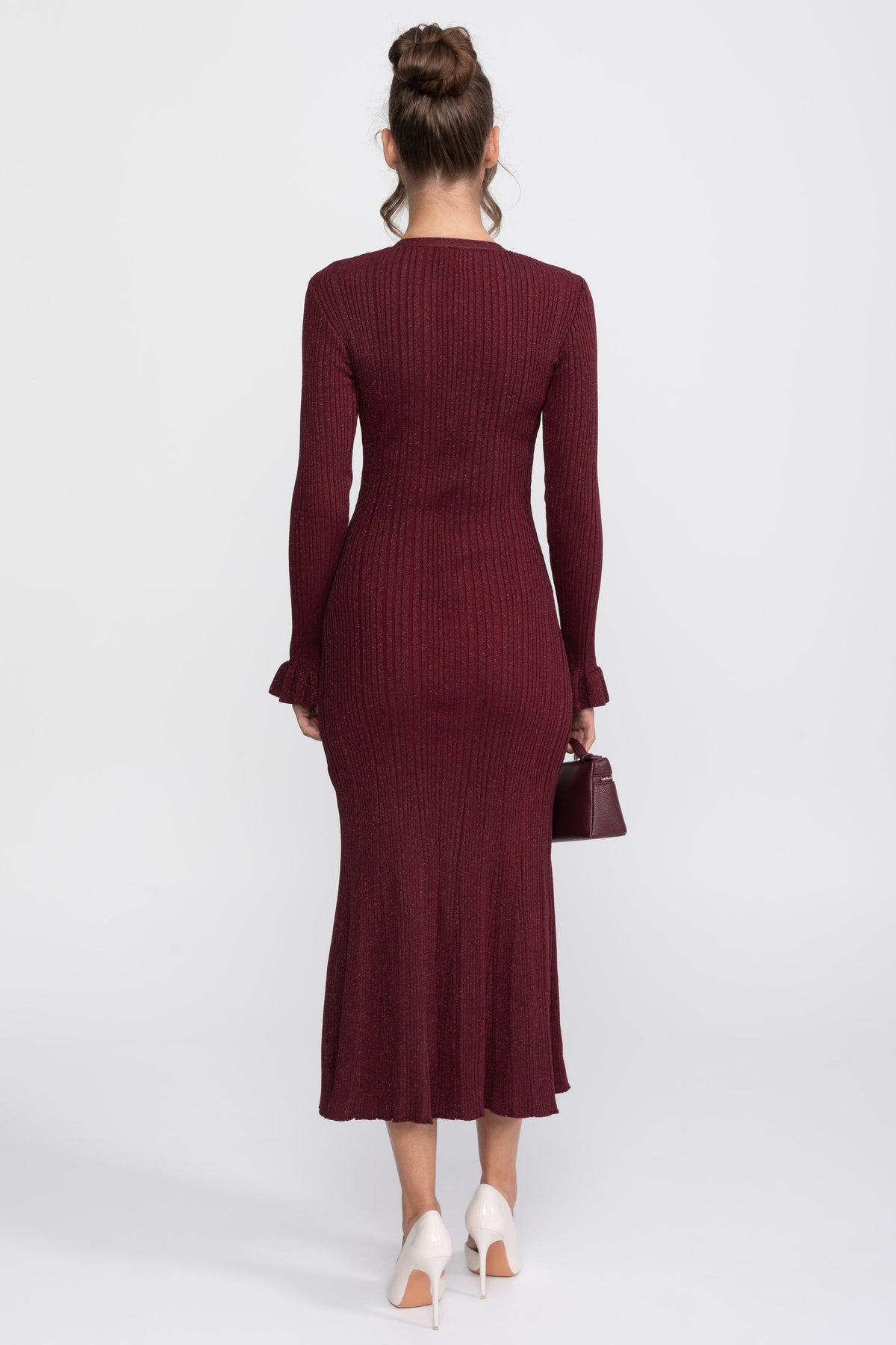 Sixtine Burgundy V-Neck Button-Front Ribbed Knit Maxi Dress With Ruffle Cuffs