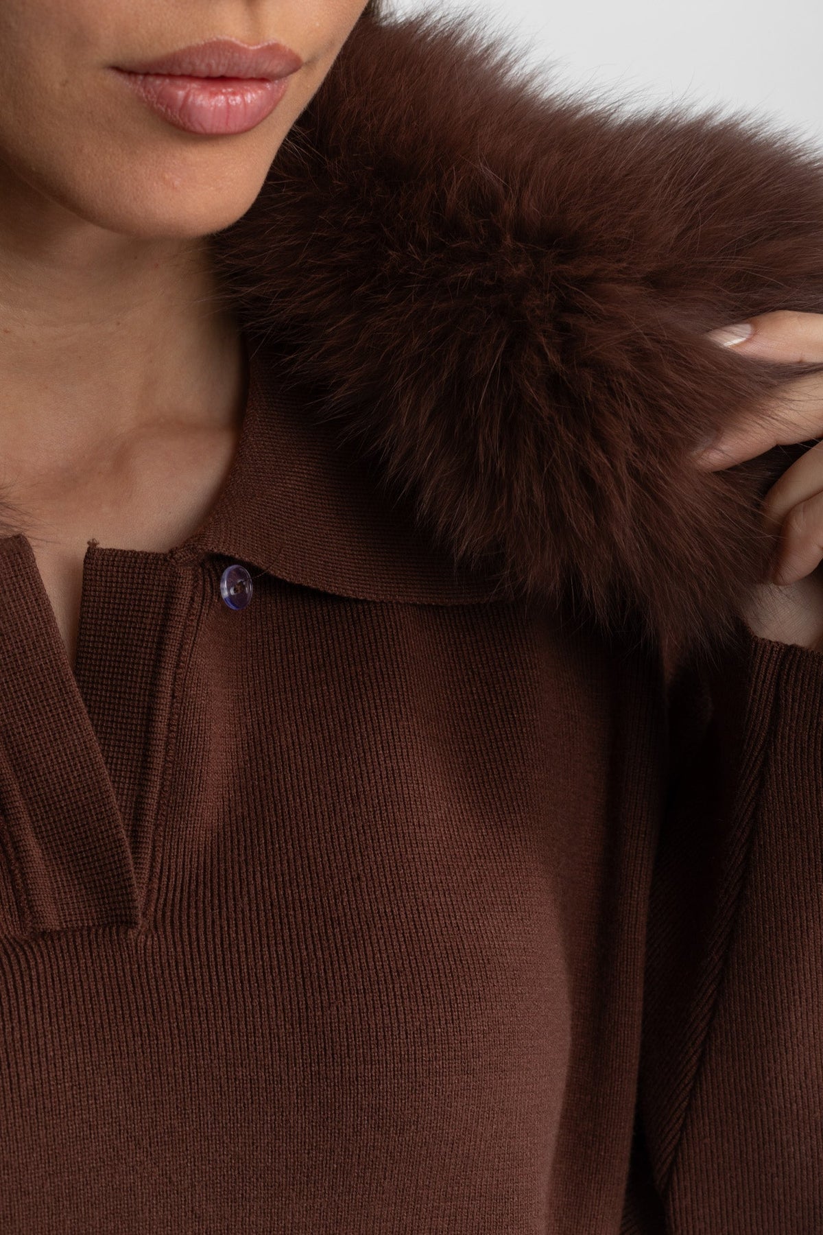 Elodie Brown Knit Lounge Co-Ord Set with Fox Fur Collar