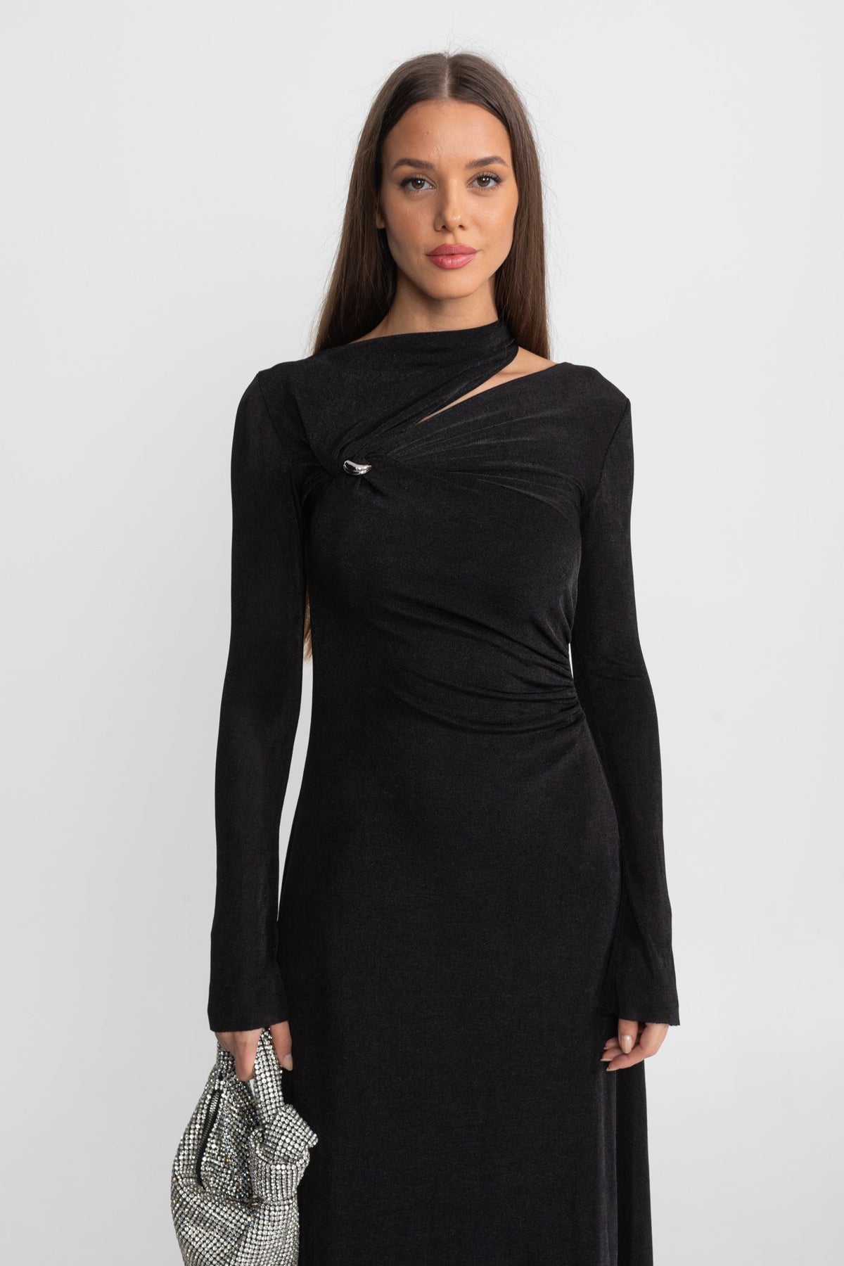 Draped Maxi Dress with Cut-Out and Elegant Detail - Black