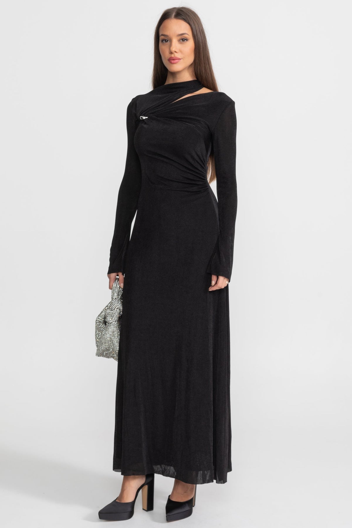 Draped Maxi Dress with Cut-Out and Elegant Detail - Black
