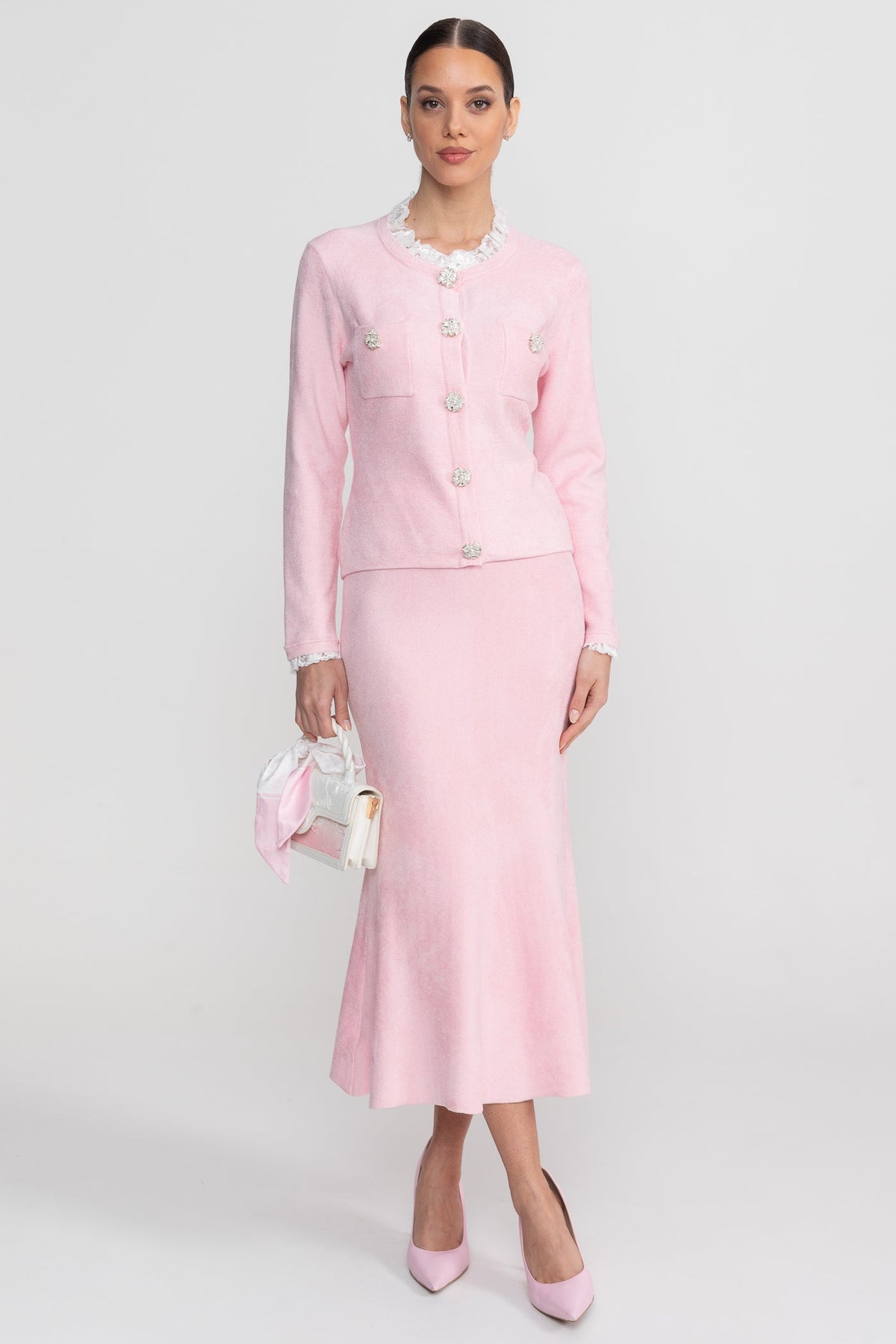 Fleur Blush Pink Long Sleeve Co-Ord With Fitted Knit Bodice And Crystal Button Detail