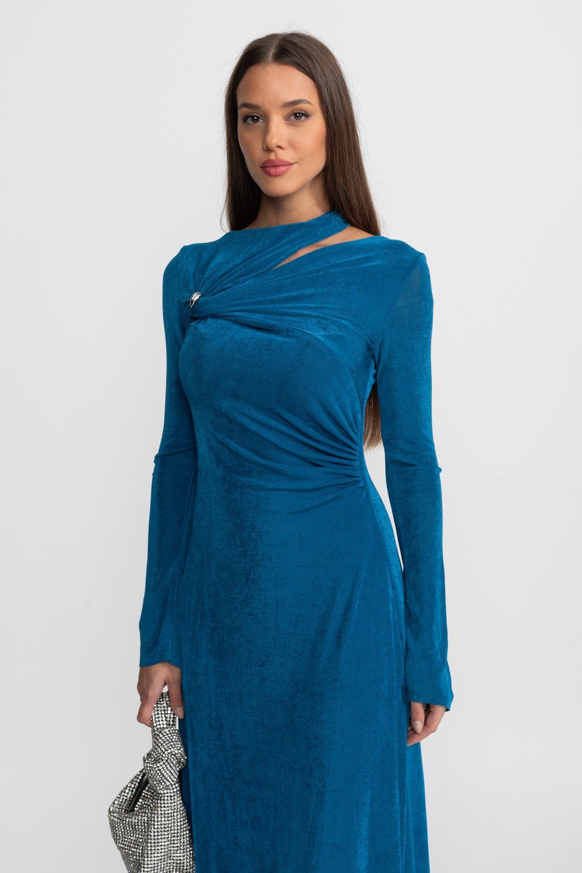 Draped Maxi Dress with Cut-Out and Elegant Detail - Teal