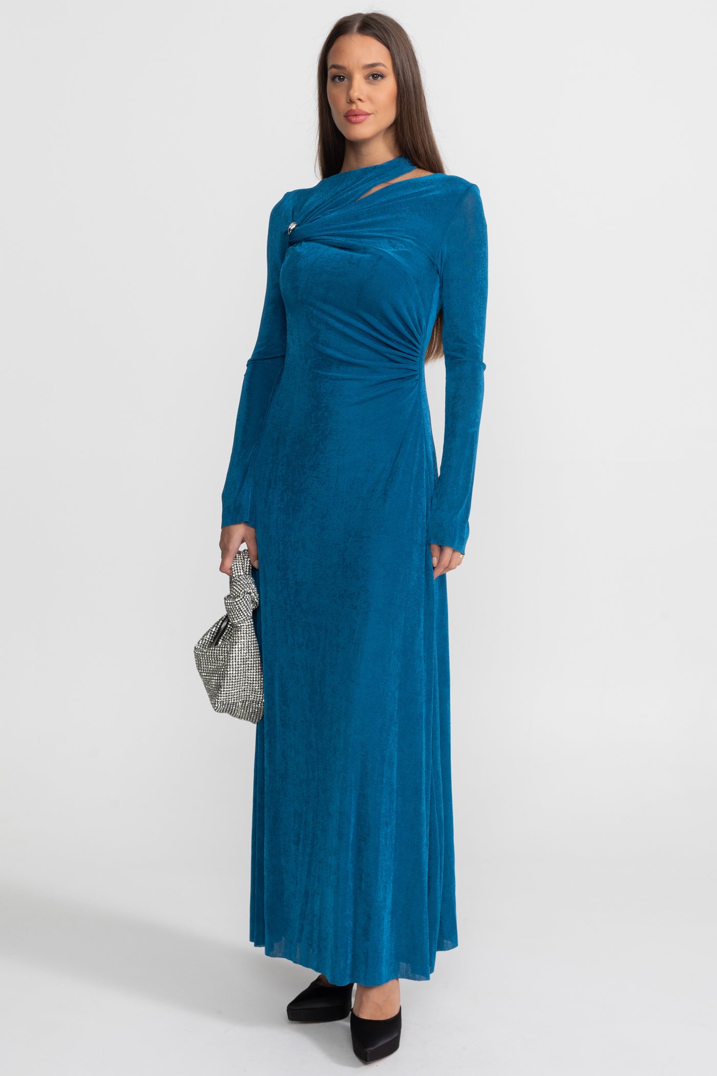 Draped Maxi Dress with Cut-Out and Elegant Detail - Teal