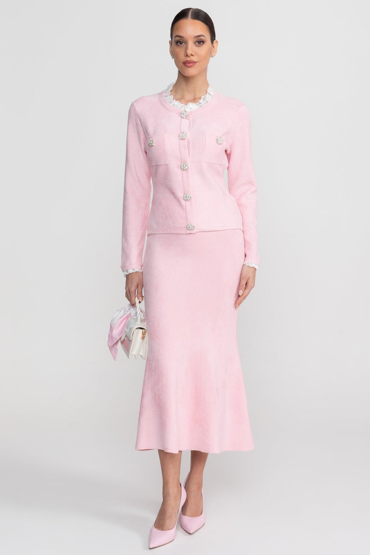 Fleur Blush Pink Long Sleeve Co-Ord With Fitted Knit Bodice And Crystal Button Detail