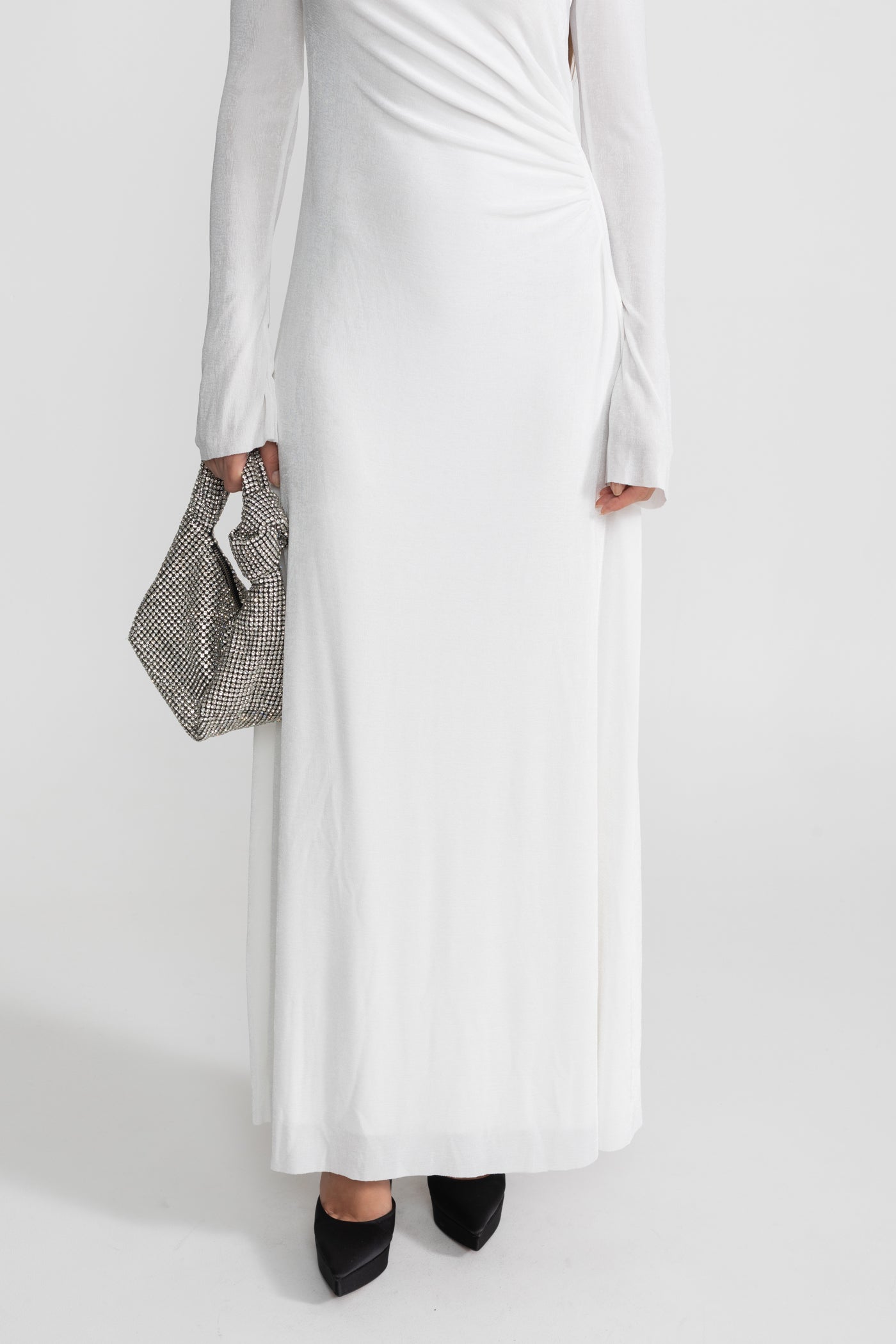 Draped Maxi Dress with Cut-Out and Elegant Detail - White