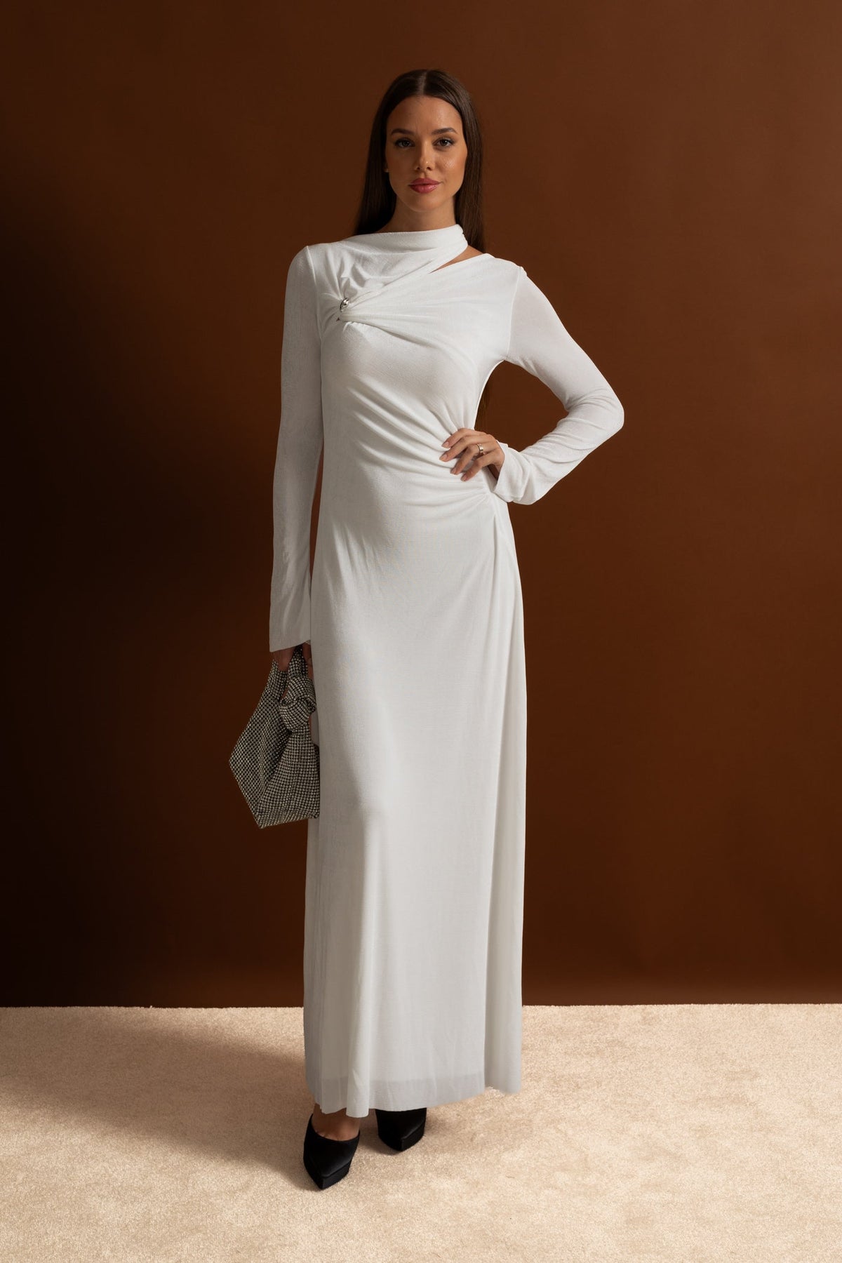 Draped Maxi Dress with Cut-Out and Elegant Detail - White