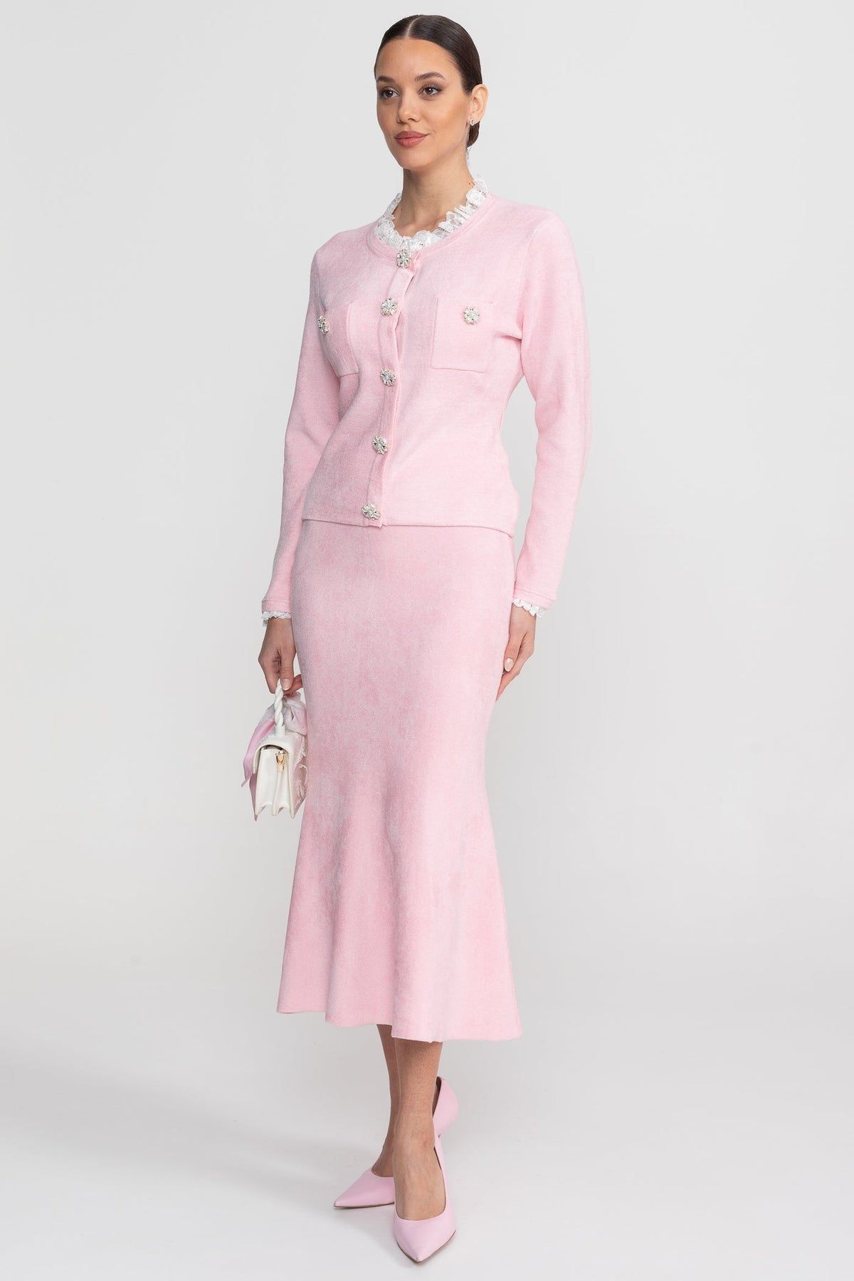 Fleur Blush Pink Long Sleeve Co-Ord With Fitted Knit Bodice And Crystal Button Detail
