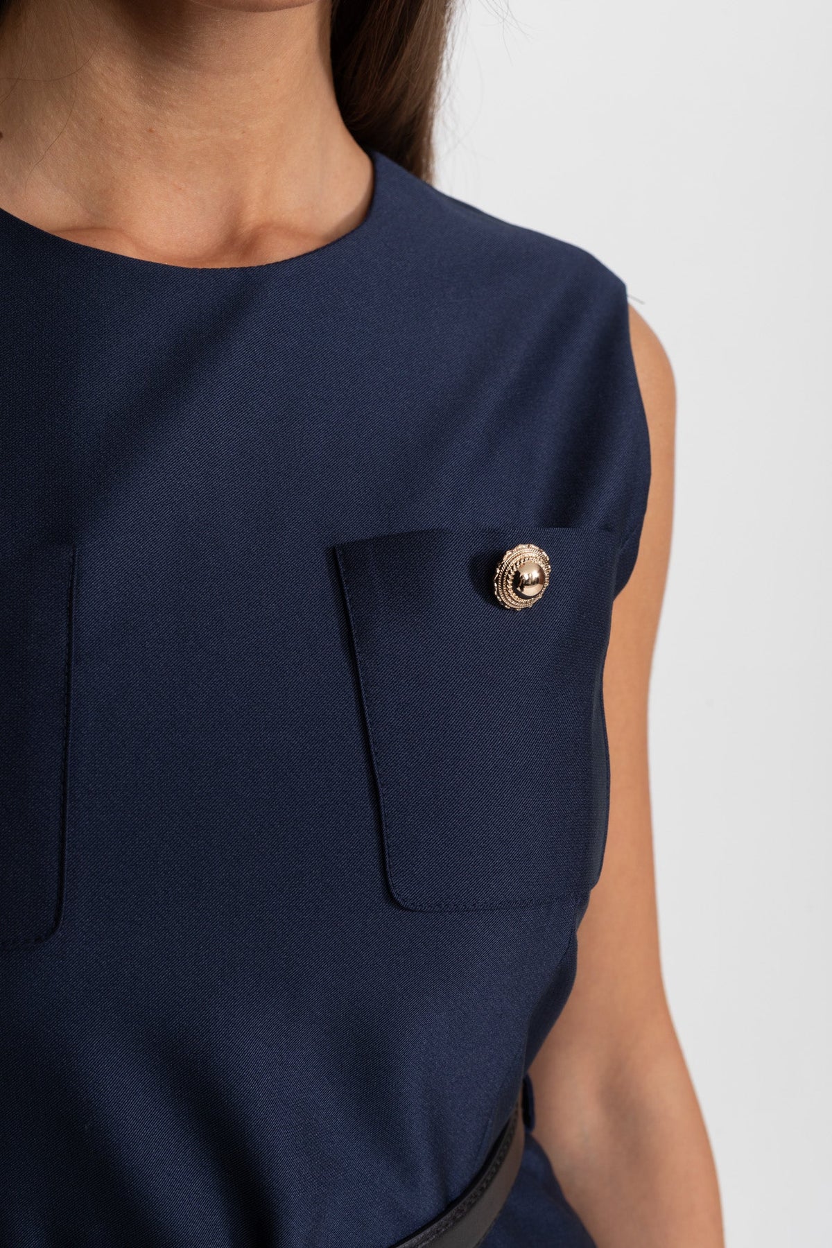 Sleeveless Midi Dress with Belted Waist and Contrast Skirt - Navy
