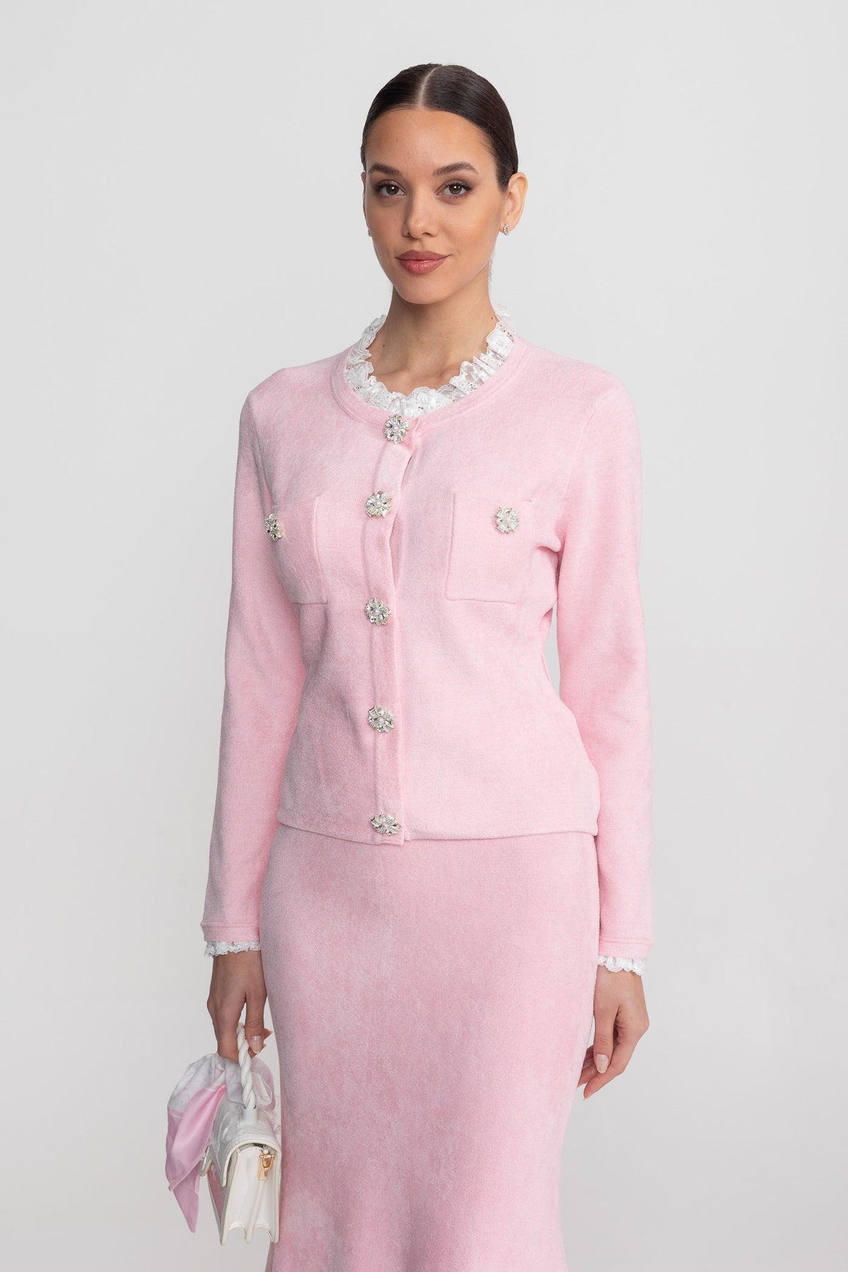 Fleur Blush Pink Long Sleeve Co-Ord With Fitted Knit Bodice And Crystal Button Detail