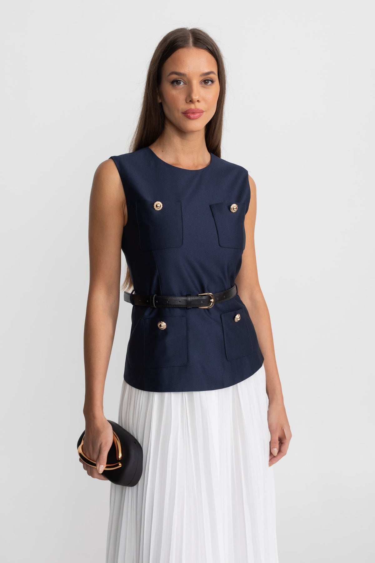 Sleeveless Midi Dress with Belted Waist and Contrast Skirt - Navy