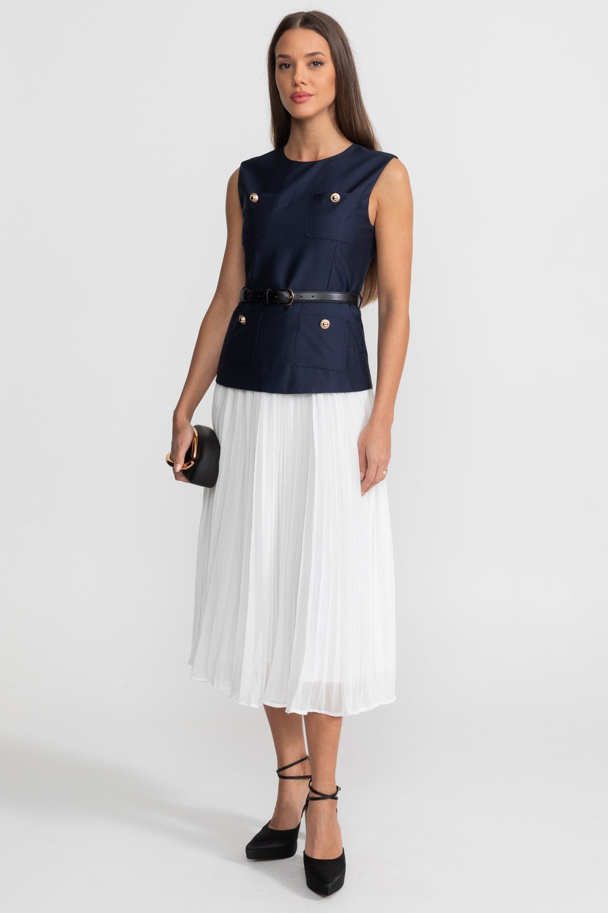 Sleeveless Midi Dress with Belted Waist and Contrast Skirt - Navy